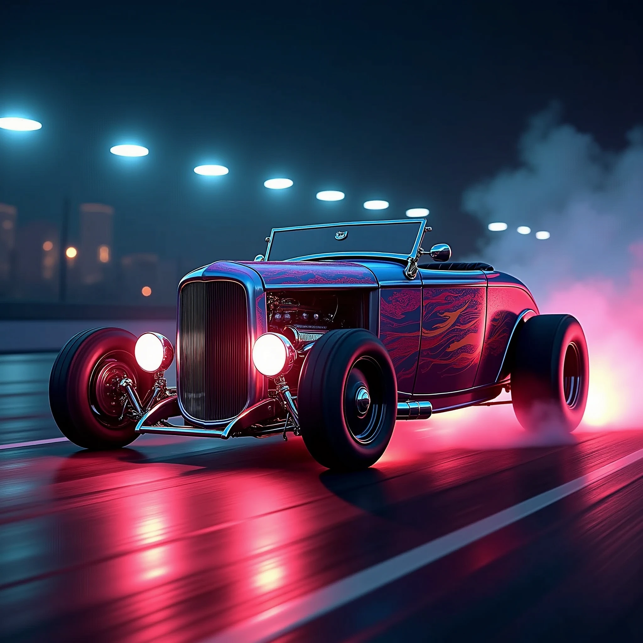 (masterpiece, best quality, ultra-detailed, 8K), 1932 Ford Roadster Hot Rod, street racing-inspired,Drifting inspired, LED, ((Twin headlights)), (((Bright neon color racing stripes))), (Black racing wheels), Wheelspin showing motion, Show car in motion, Burnout, wide body kit, modified car, racing livery, masterpiece, best quality, realistic, ultra highres, (((depth of field))), (full dual colour neon lights:1.2), (hard dual color lighting:1.4), (detailed background), (masterpiece:1.2), (ultra detailed), (best quality), intricate, comprehensive cinematic, magical photography, (gradients), glossy, Night with galaxy sky, Fast action style, fire out of tail pipes, Sideways drifting in to a turn, Neon galaxy metalic paint with race stripes, aesthetic,intricate, realistic,cinematic lighting, Neon Paint, streaks of fire,