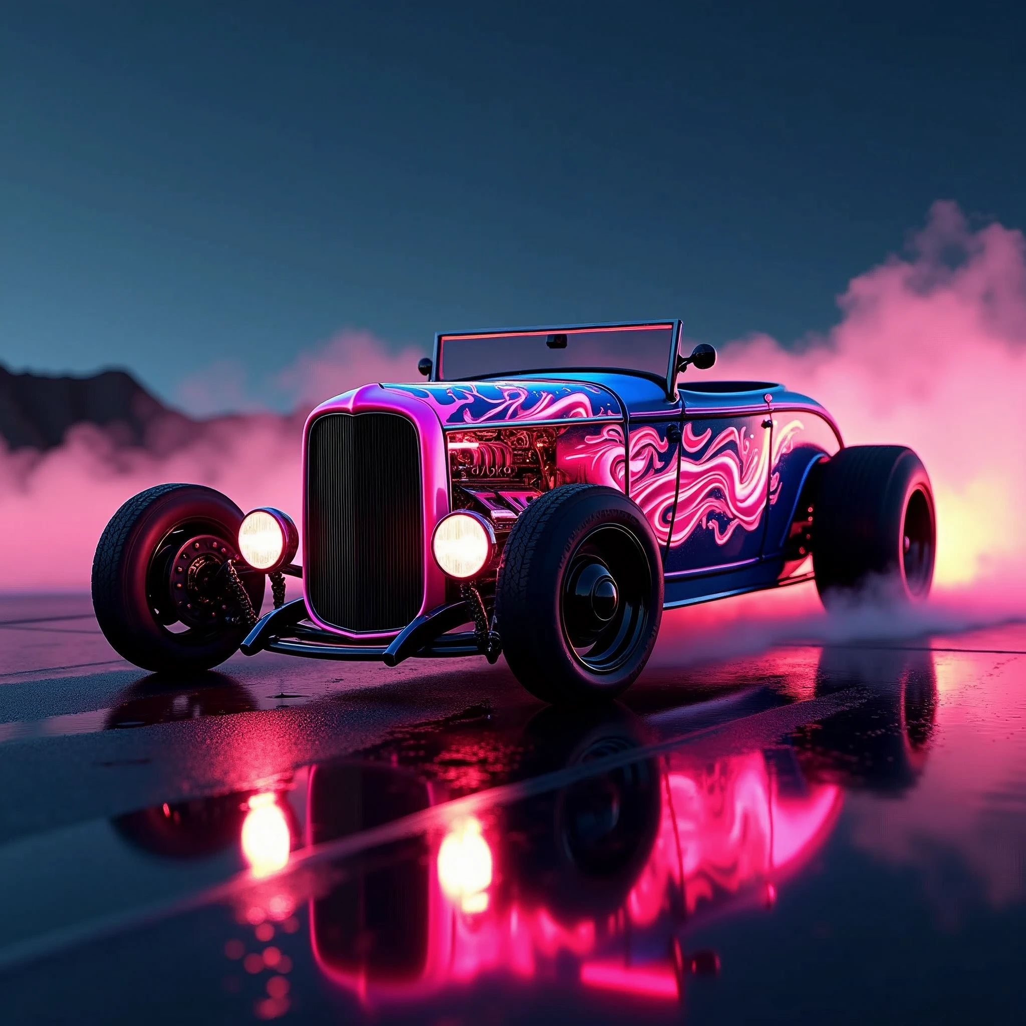 (masterpiece, best quality, ultra-detailed, 8K), 1932 Ford Roadster Hot Rod, street racing-inspired,Drifting inspired, LED, ((Twin headlights)), (((Bright neon color racing stripes))), (Black racing wheels), Wheelspin showing motion, Show car in motion, Burnout, wide body kit, modified car, racing livery, masterpiece, best quality, realistic, ultra highres, (((depth of field))), (full dual colour neon lights:1.2), (hard dual color lighting:1.4), (detailed background), (masterpiece:1.2), (ultra detailed), (best quality), intricate, comprehensive cinematic, magical photography, (gradients), glossy, Night with galaxy sky, Fast action style, fire out of tail pipes, Sideways drifting in to a turn, Neon galaxy metalic paint with race stripes, aesthetic,intricate, realistic,cinematic lighting, Neon Paint, streaks of fire,