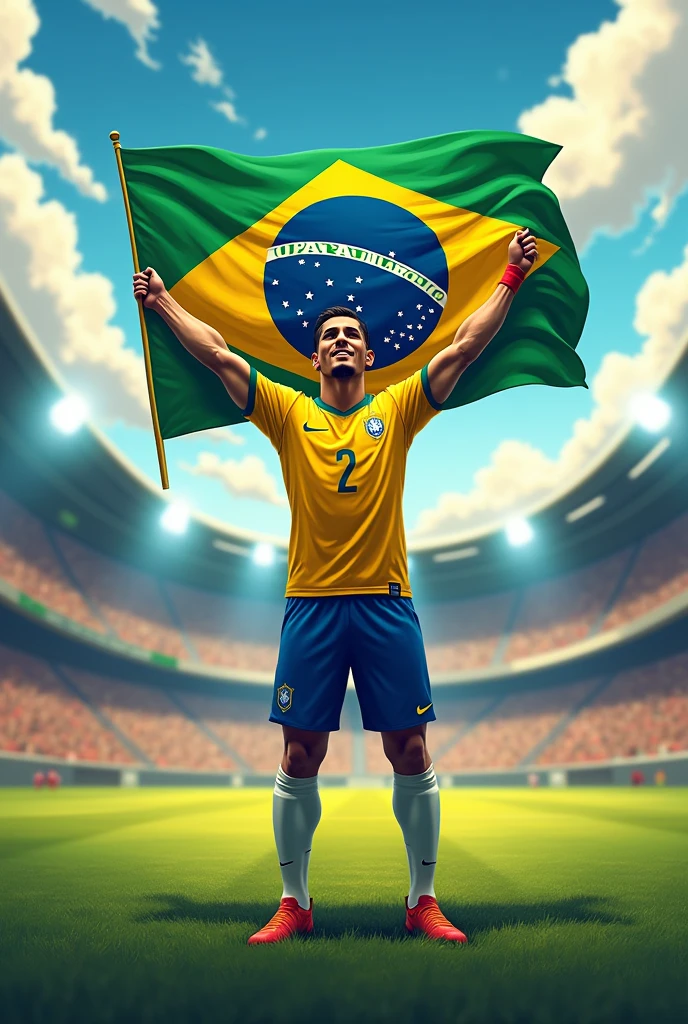 Create a banner of a player holding a flag with UPARALeLeLo written inside the flag, Brazilian player