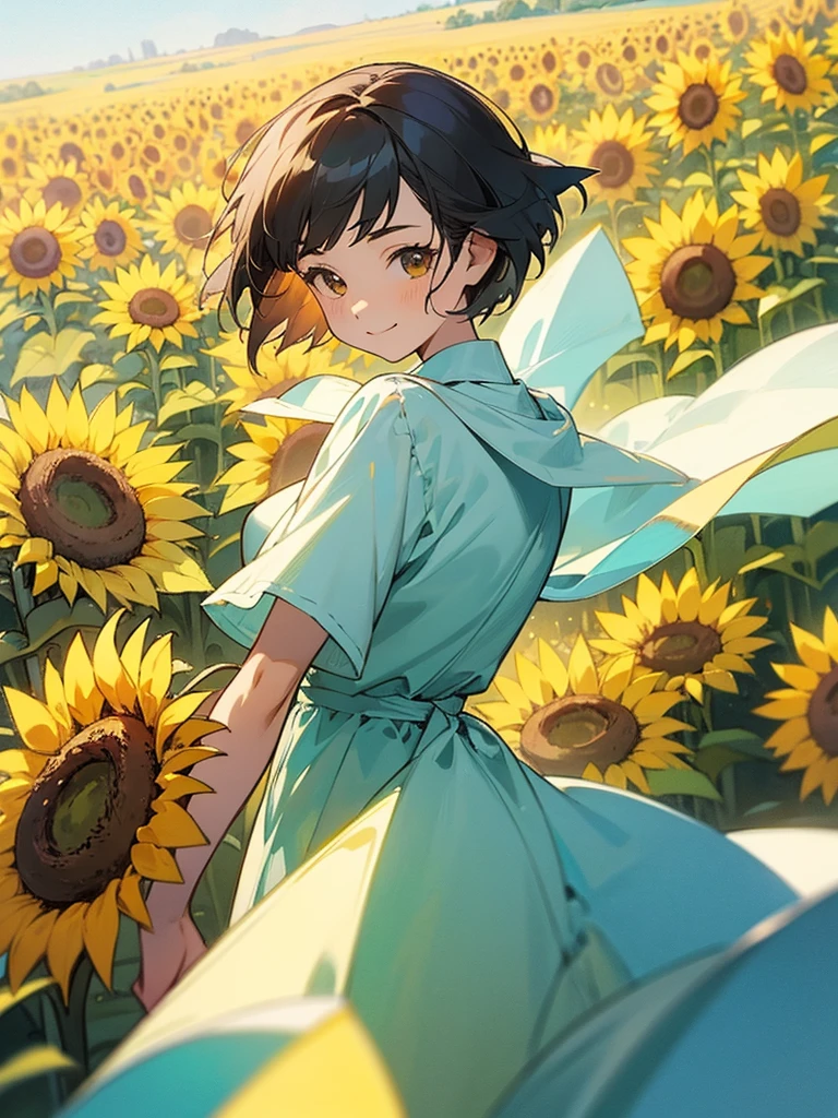  master piece, best quality, for below, cinematic angle, upper body , pigeon toed,  
Anime-style Moe illustration, summer vacation theme, 20-year-old woman, sunflower field, short hair, 
Picnic Maxi Dress, slightly inner thighs, smile, accurate drawing, Active pose, Active Angle, 