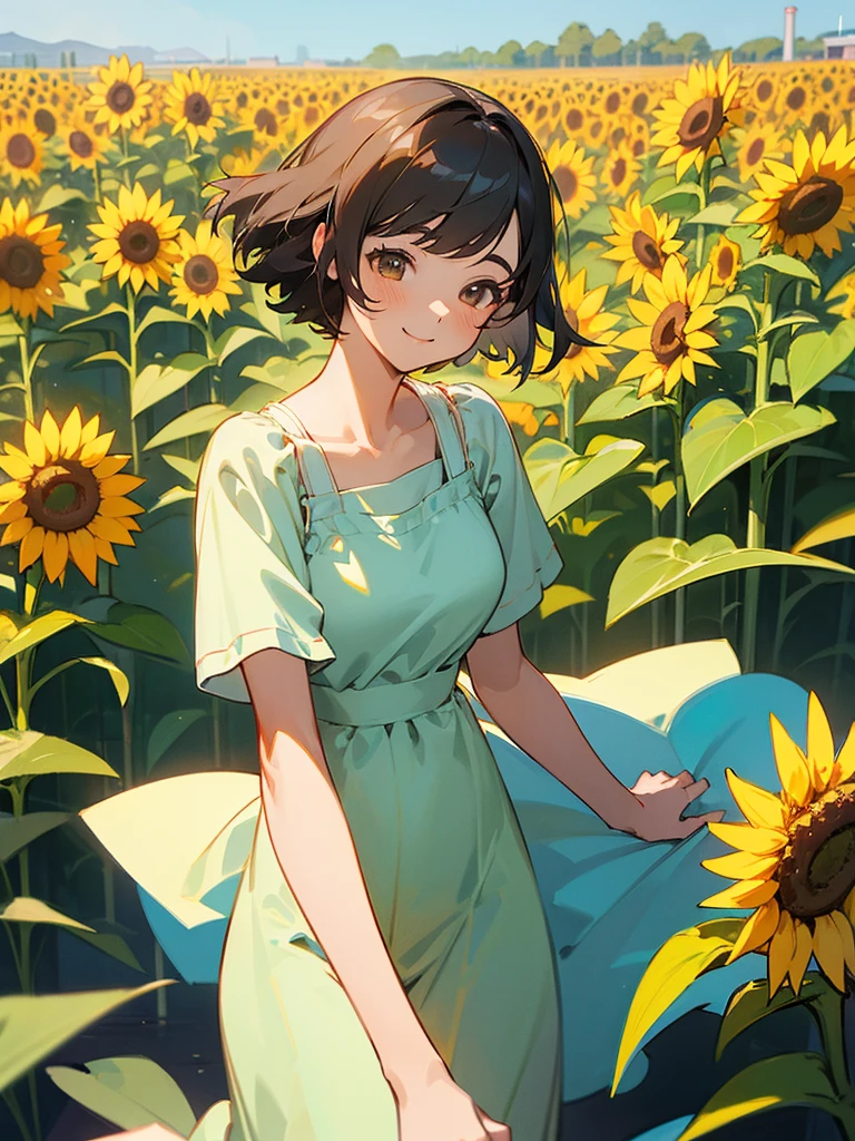  master piece, best quality, for below, cinematic angle, upper body , pigeon toed,  
Anime-style Moe illustration, summer vacation theme, 20-year-old woman, sunflower field, short hair, 
Picnic Maxi Dress, slightly inner thighs, smile, accurate drawing, Active pose, Active Angle, 
