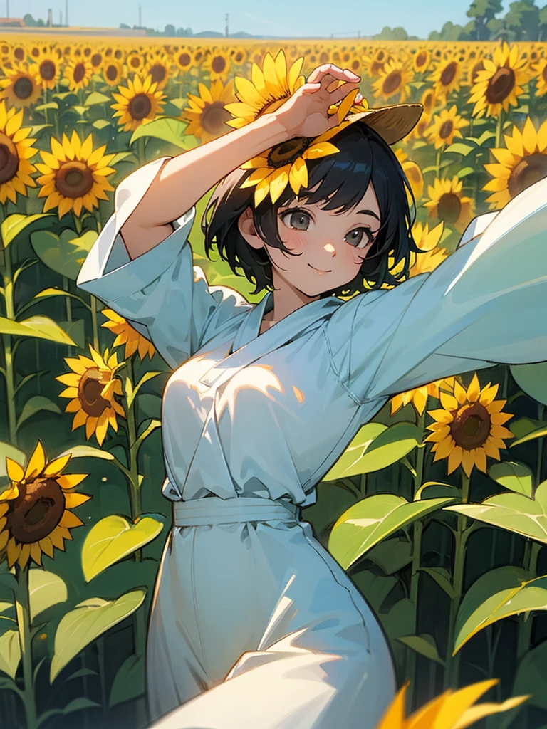master piece, best quality, for below, cinematic angle, upper body , pigeon toed,
Anime-style Moe illustration, summer vacation theme, 20-year-old woman, sunflower field, short hair,
Picnic Maxi Dress, slightly inner thighs, smile, accurate drawing, Active pose, Active Angle,