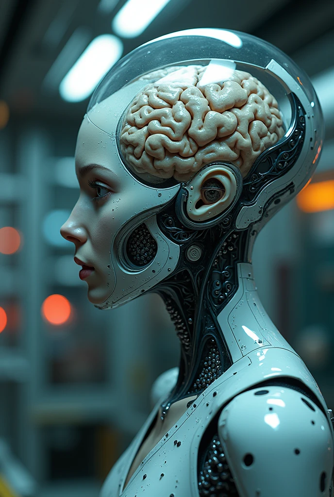 cinematic photo shoot of organic brain encased in a cybernetic clear skull head of a beautiful alluring female alien species [Maude Adams:Margot Robbie:0.5], at the spaceship enhance cyborg laboratory, detailed face, insanely detailed and intricate, digital painting, artstation, concept art, smooth, sharp focus, hyper photorealistic illustration, art by Don Lawrence and Frank Bellamy and alphonse mucha, 32k,