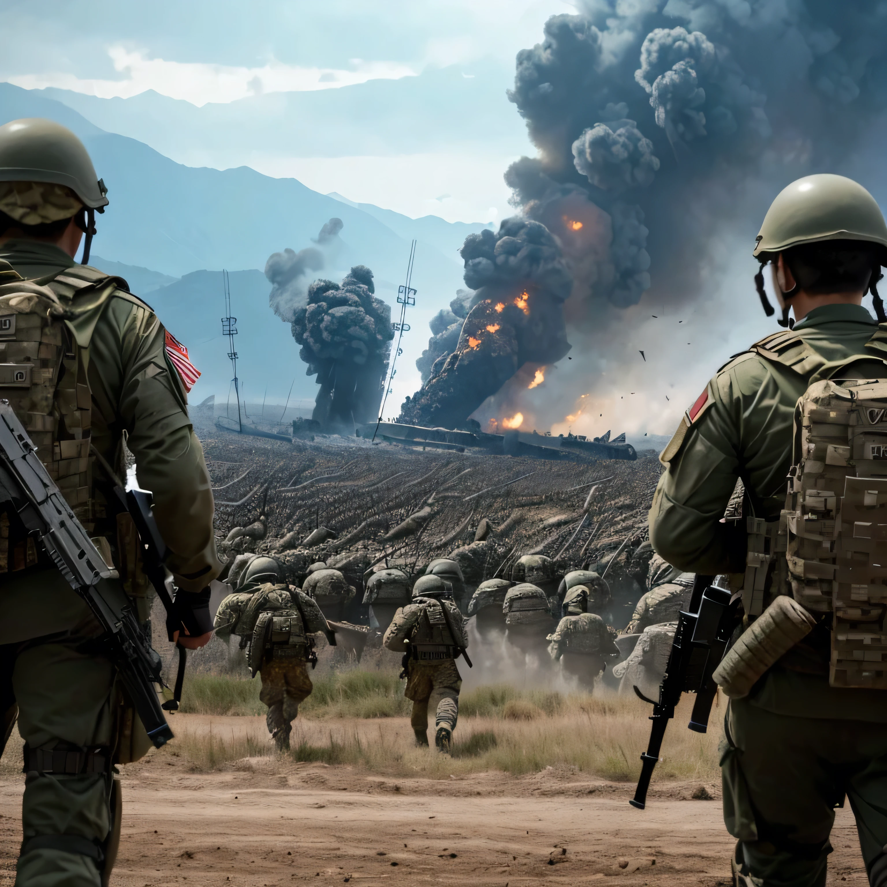 The back view of the brave defenders marching against the ugly and cruel army, Chasing the Defence Forces, Blue and white, Modern army, Tactical equipment, Art shows the triumph of good over evil, Doomsday Battlefield , masterpiece, Award-winning works, dramatic, Highest quality, 4K, Wide Image, High resolution
