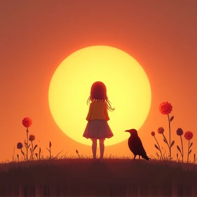Generate an art that fits the following description: HD resolution featuring a girl facing the sun in casual clothes, standing on a plain hill with a black raven and glowing flower bud, against a warm-toned sunrise background.