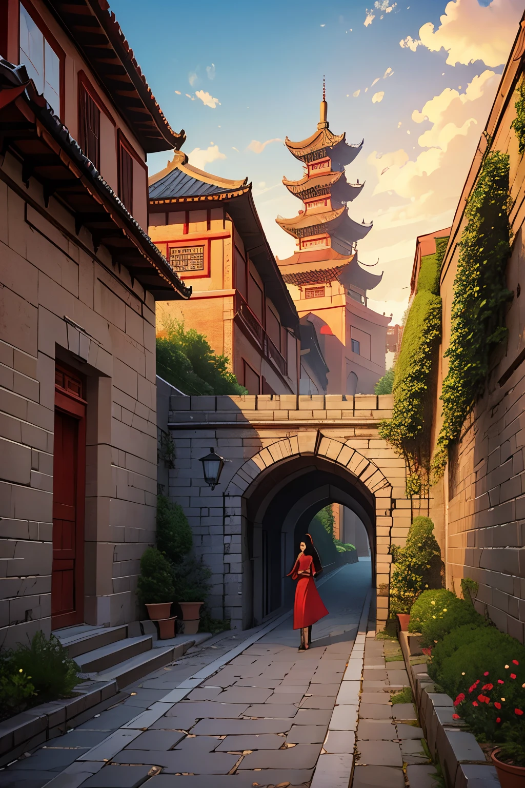 A woman in red，Standing back，Tall city walls，Brick and stone wall，Great Wall Gate，Grand scene，Contrast，Chinese style，photography，Freehand，Chinese painting，high quality，Telephoto，Golden sunset，Red dress fluttering，