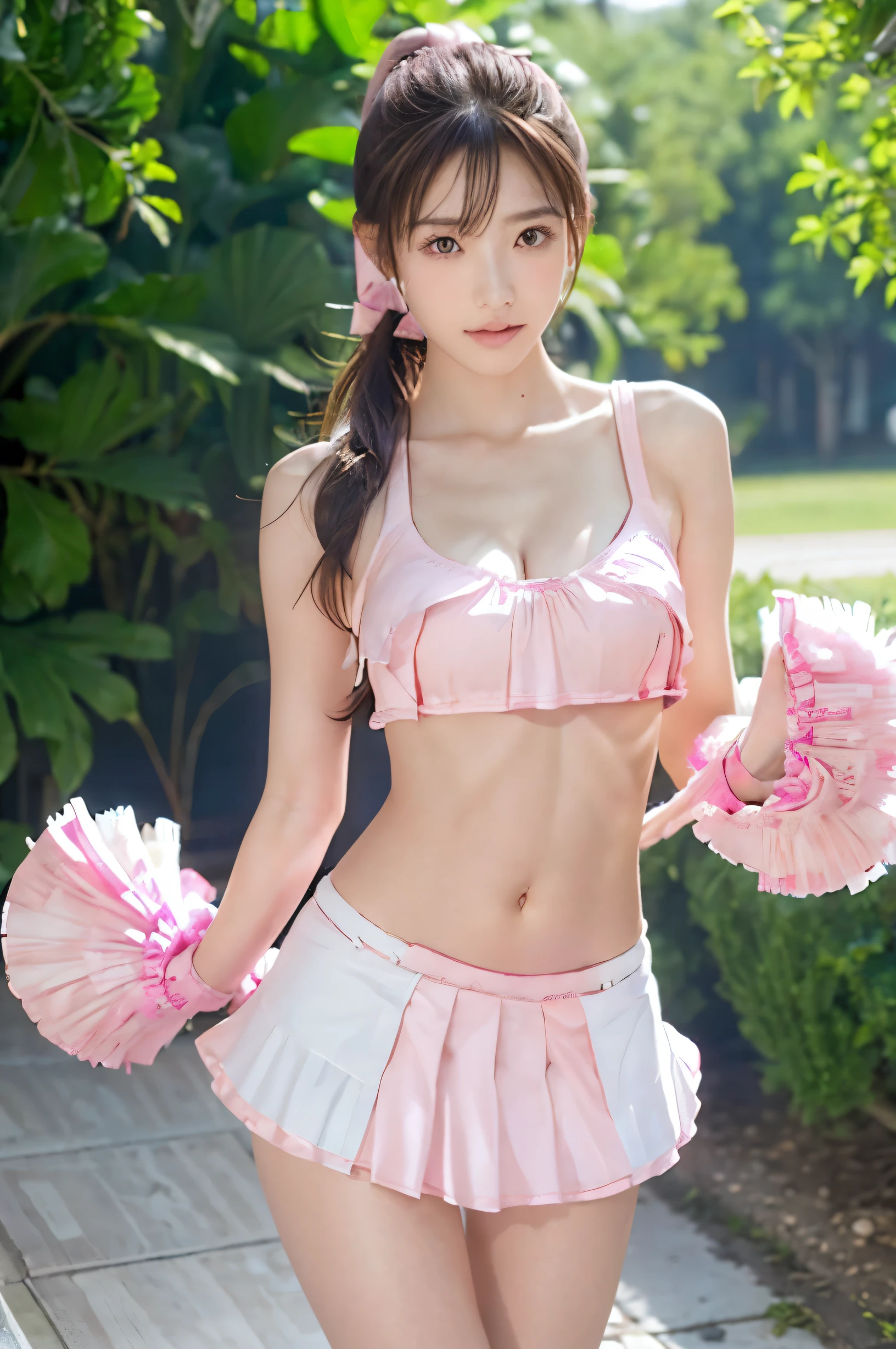 (Ultra HD), (Pink Cheergirl:1.6), Big Breasts, Cleavage, slender, Narrow waist, (The belly button is visible:0.4), whole body, Standing posture, (Clean and shiny skin, White skin), (Super slim face, Super beautiful face, No makeup), (ponytail, Layered Cut, Fluffy hair), (double eyelid, Slanted Eyes), Small Nose, Thin lips, Thin legs, Outdoor