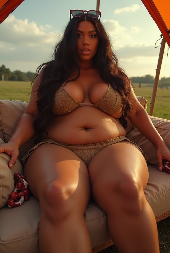 a sexy woman in a bikini sitting on a couch in a tent, powerful and huge, mia khalifa, exaggeratedly large physique, by Adrian Zingg, jaw dropping beauty, in the countryside, voluptuous and arousing, muscular girl, an extremely high quality hd, giant stunning goddess shot, highly realistic photo, the woman holds more toys, on a parking lot