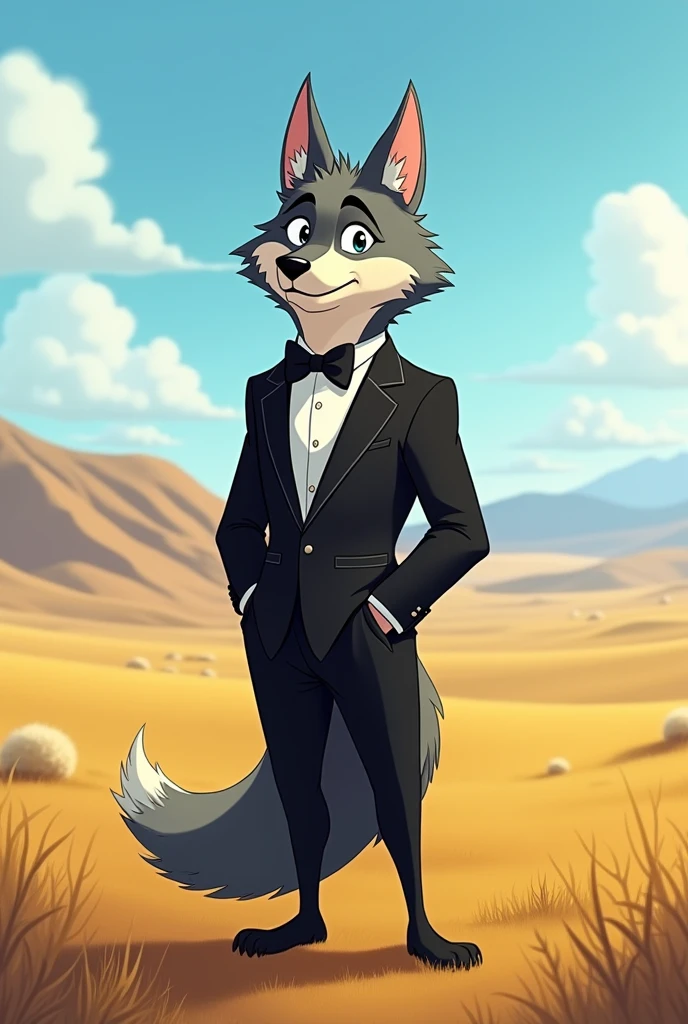 Cartoon wolf, wearing toxido, plains background 