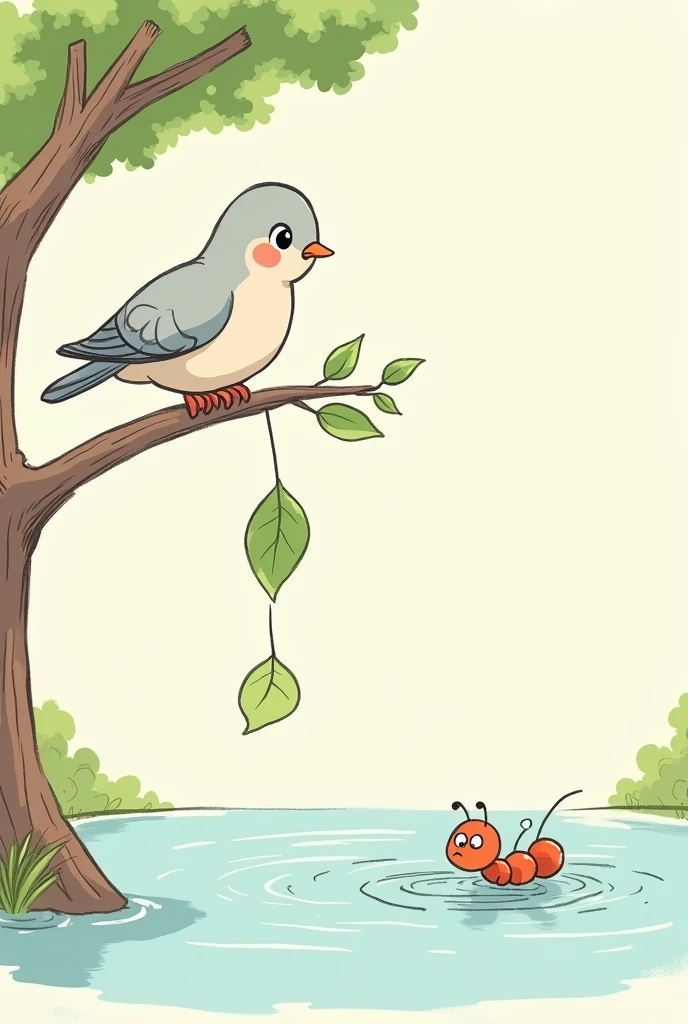 Generate  cartoon Sketch picture of a dove sitting on a branch of tree throwing a leaf in the lake where ant is drowning 