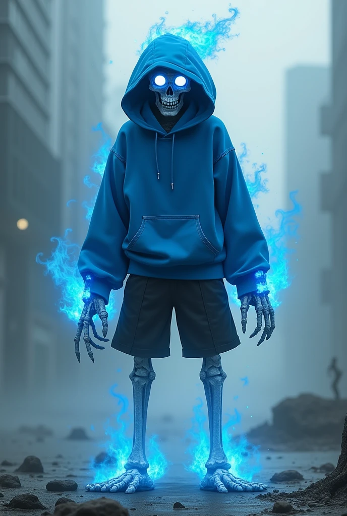 Bone, bipedal, blue hoodie, black shorts, anime-like, blue flames from eyes