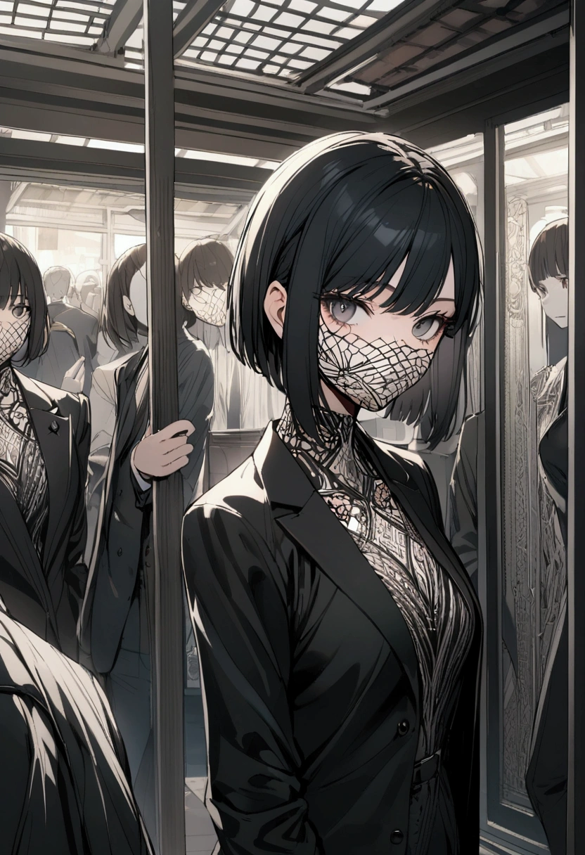 slender,young girl,pixie cut,black hair,suit