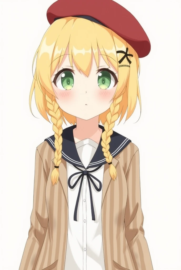 Shigure Uigirlsololooking at camerablushshort hairsimple backgroundshirtblonde hairlong sleeveshair ornamenthatclosed mouthgreen eyesjacketstudent uniformwhite shirtupper bodybraidssailor collarribbontie bird red beret Brown hair with a striped jacket