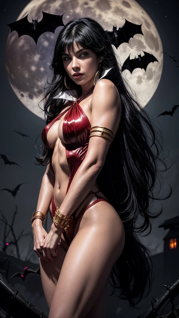 Close up upper body,Vampirella sexually vestindo um maiô vermelho profundo, ((Full moon and bats background)) , oily shiny skin, Eyes red, hot and fit body, naughty, slutty, camel fingers , detailedeyes, provocative, sexually, naughty, big happy , realisitic, HDR, ultra HD, dynamic, from the front view, dark outside. moonlights,A picture of the head of Vampirella,long black hair,"head and shoulders portrait, 8k resolution concept art portrait by Greg Rutkowski, Artgerm, WLOP, Alphonse Mucha dynamic lighting hyperdetailed intricately detailed Splash art trending on Artstation triadic colors ,volumetric bright lighting"