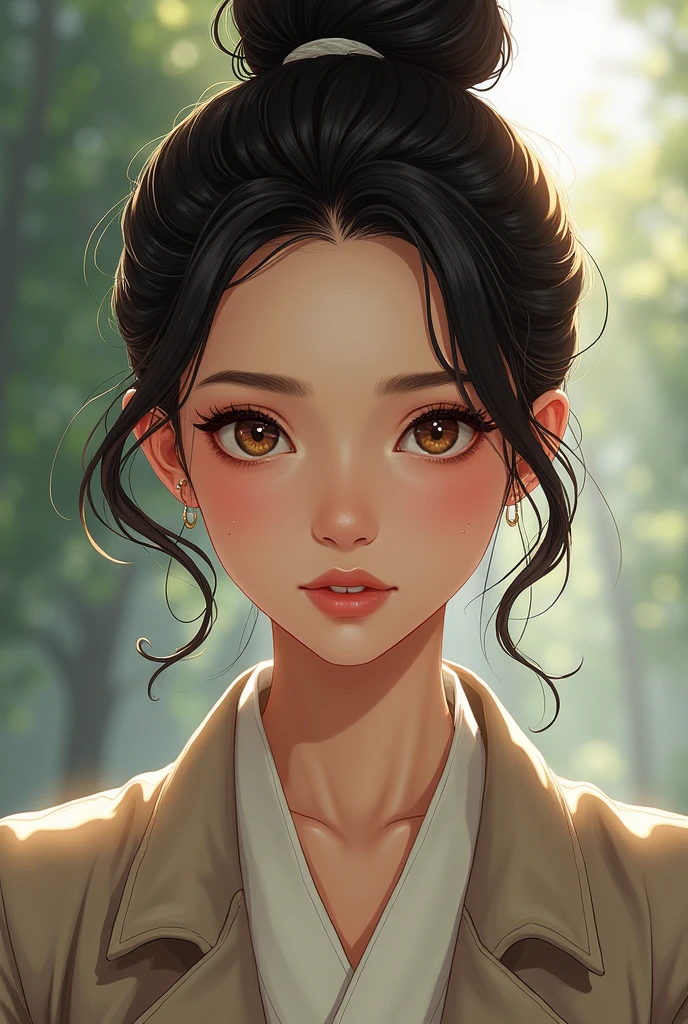 a young and vibrant woman, with natural beauty and an intelligent look. their hair, usually tied in a practical bun, frame a delicate face, but with strong features. Their eyes, big and bright, convey an insatiable curiosity and an unwavering determination. Your outfits, an elegant and functional combination of traditional and modern elements, she stands out as a woman of action, always ready to face the challenges of your profession.