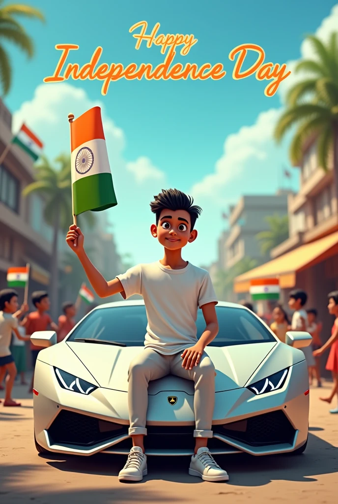 realistic Indian 17 year old boy sitting on Lamborghini car Holding Indian flag and celebrating India festival happy independence day with background of blue sky in Indian Street boy wearing pant, white t-shirt with name”kundan”style hair on it by the way childrens are holding Indian flag playing round, smart, shoes, some children also playing, and someuncles drinking tea at a shop. also a text written “Happy independence day”at top, 3D art painting real photo wit high resol