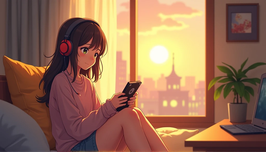 morning、Girl sitting in a cozy room and listening to music, Use headphones, 2D anime style, Lo-Fi, hard disk, Dazzling sunlight
