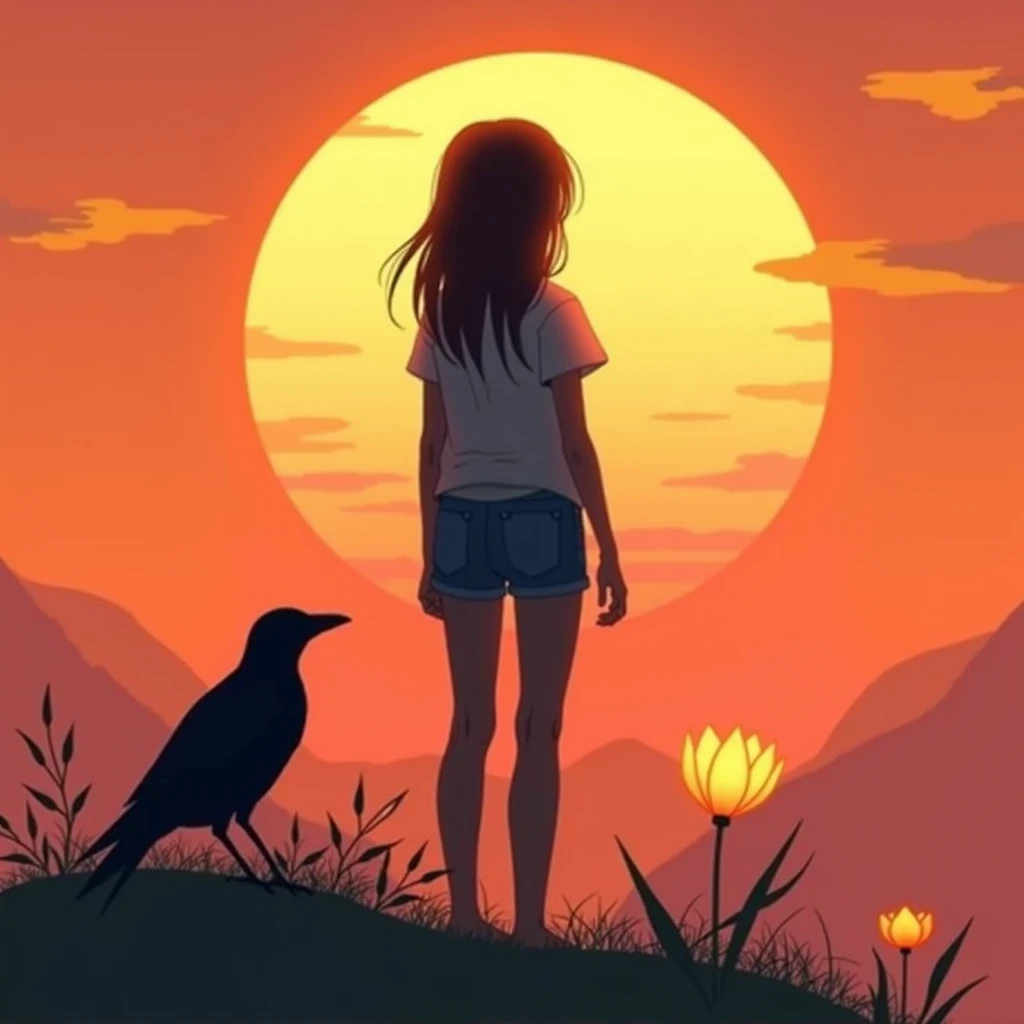 
Generate an art that fits the following description: HD resolution featuring a girl facing the sun in casual clothes, standing on a plain hill with a black raven and glowing flower bud, against a warm-toned sunrise background.