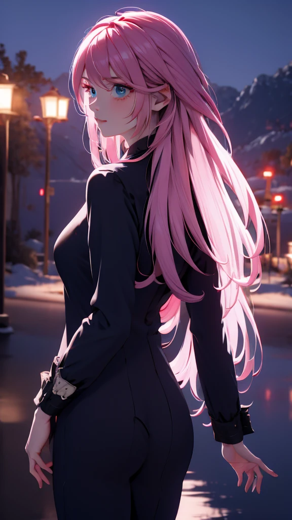 1 girl, medium light pink hair, light blue eyes, wearing black suit 4D, night city, absurdres, high res, ultrasharp, 8K, masterpiece, looking from behind