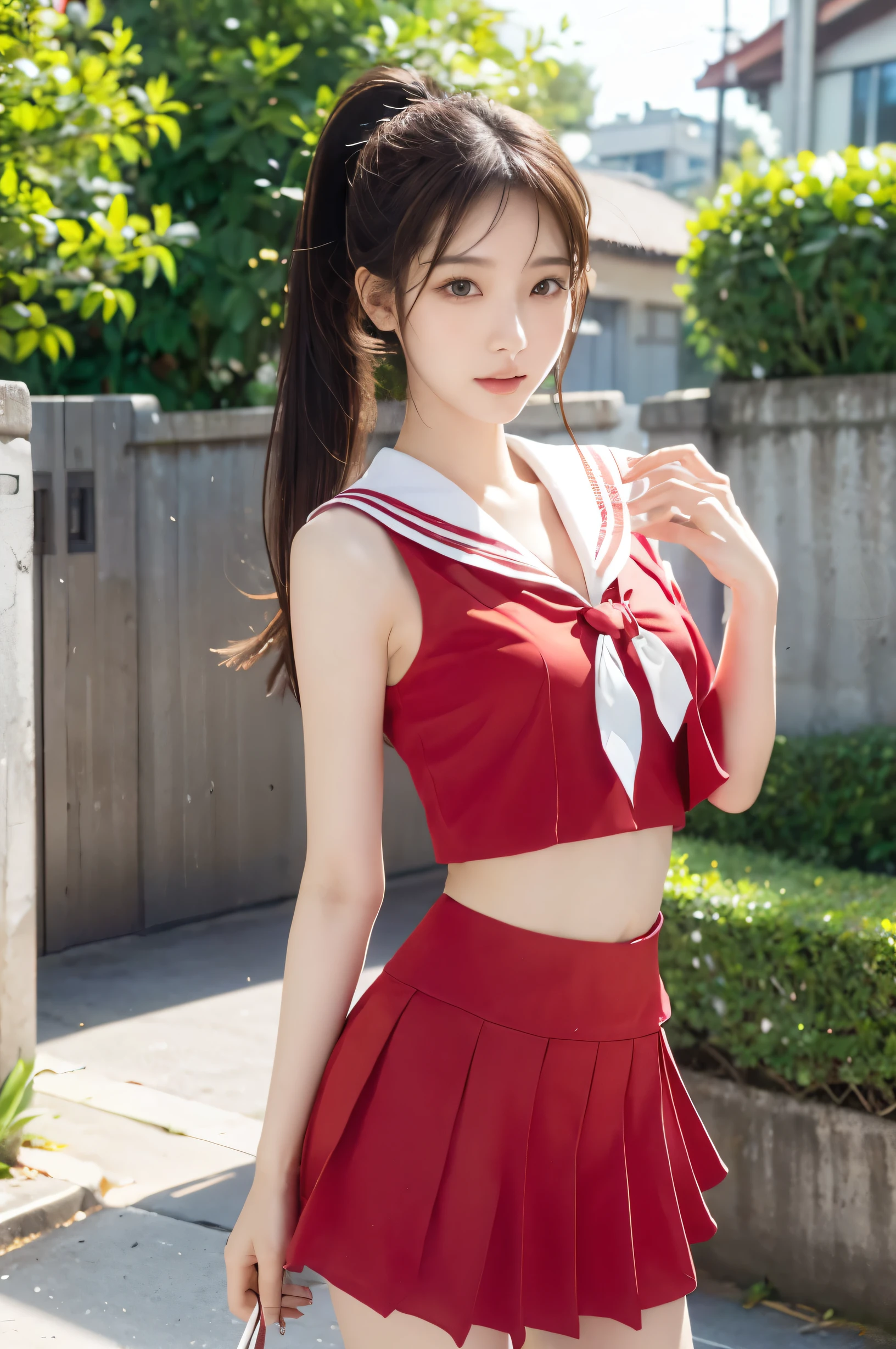 (Ultra HD), (Red sailor suit, Red short skirt), Big Breasts, slender, Narrow waist, (The belly button is visible:0.8), whole body, Standing posture, (Beautiful Skin, Shiny skin, White skin), (Super slim face, Super beautiful face, No makeup), (ponytail, Layered Cut, Fluffy hair), (double eyelid, Slanted Eyes), Small Nose, Thin lips, Thin legs, In front of the school gate
