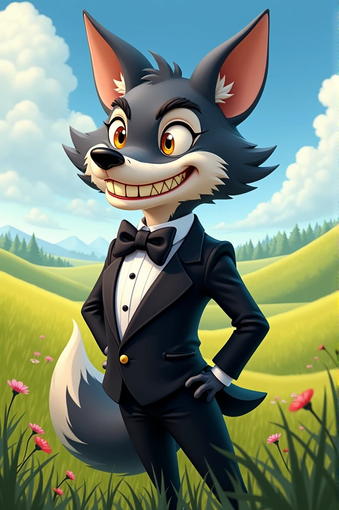 Cartoon wolf, wearing toxido, plains background