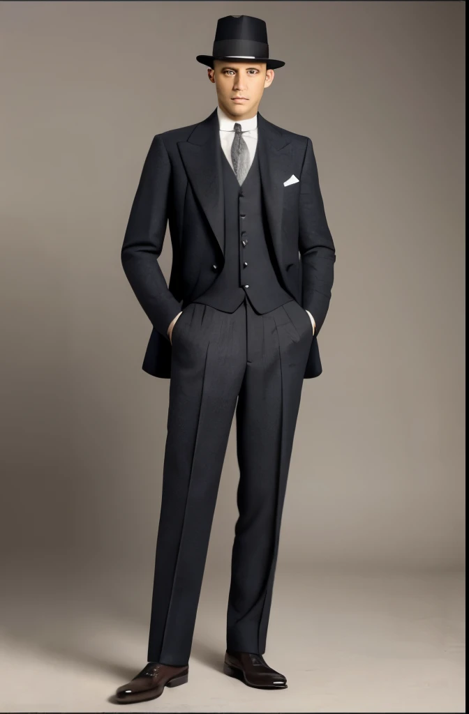 arafed man in a suit and hat standing with his hands in his pockets, 1 9 2 0 cloth style, 1 9 2 0 s cloth style, 1 9 1 0 s style, clothed!! lucien levy - dhurmer, in the 1920s, 1 9 2 0 s fashion, 1 9 2 0 s clothes