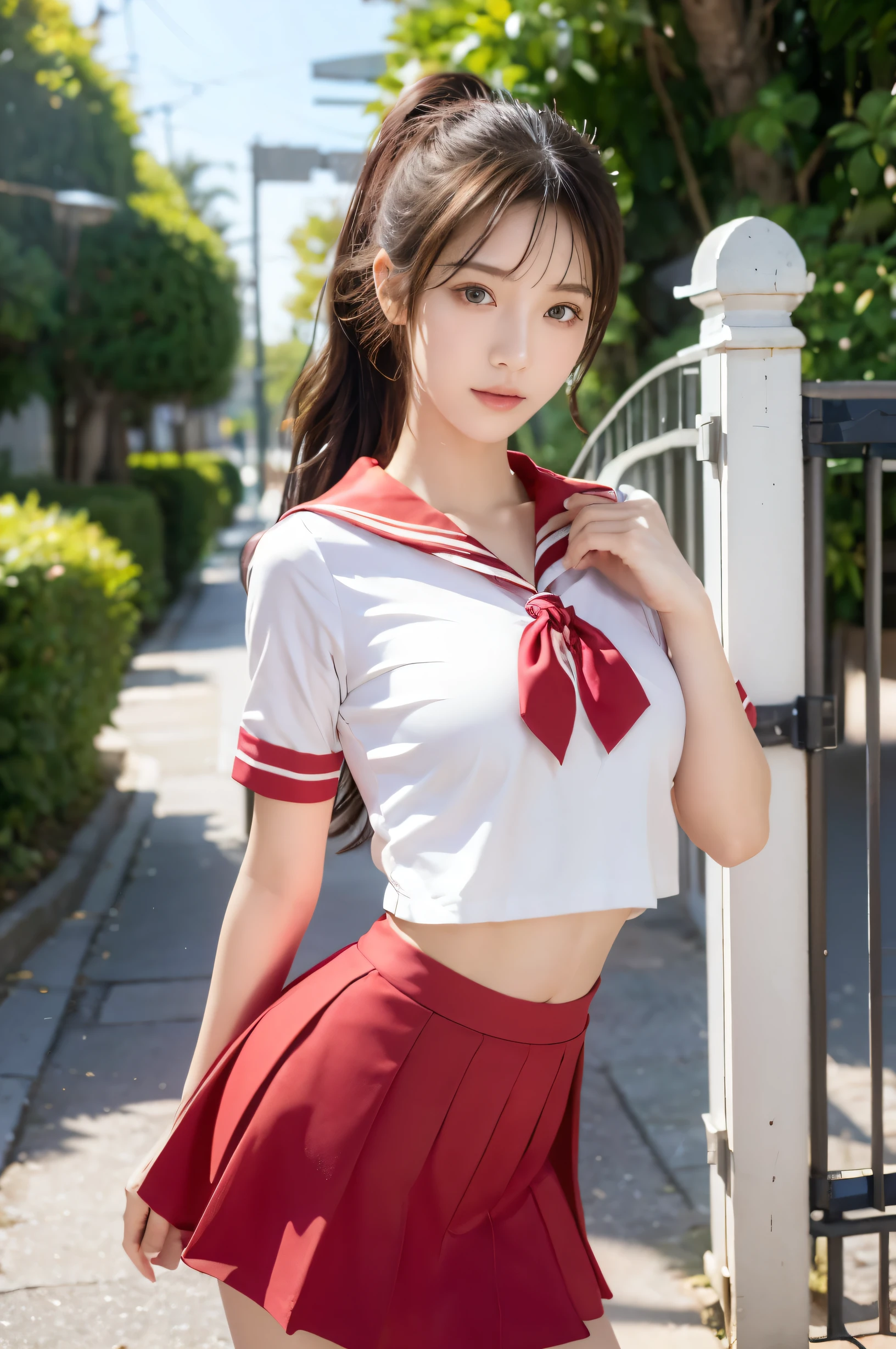 (Ultra HD), (Red sailor suit, Red short skirt), Big Breasts, slender, Narrow waist, (The belly button is visible:0.8), whole body, Standing posture, (Beautiful Skin, Shiny skin, White skin), (Super slim face, Super beautiful face, No makeup), (ponytail, Layered Cut, Fluffy hair), (double eyelid, Slanted Eyes), Small Nose, Thin lips, Thin legs, In front of the school gate