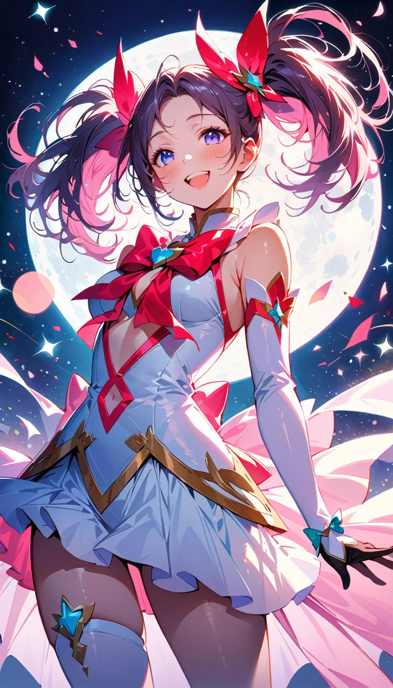 Magical Girl, moon, starlight, happy, perfect quality, (masterpiece: 1.2) (realistic: 1.2) (bokeh) (best quality) (sensitive skin: 1.3) (intricate details) (8k) (Detail Eyes) (clear focus), Two-tone color,