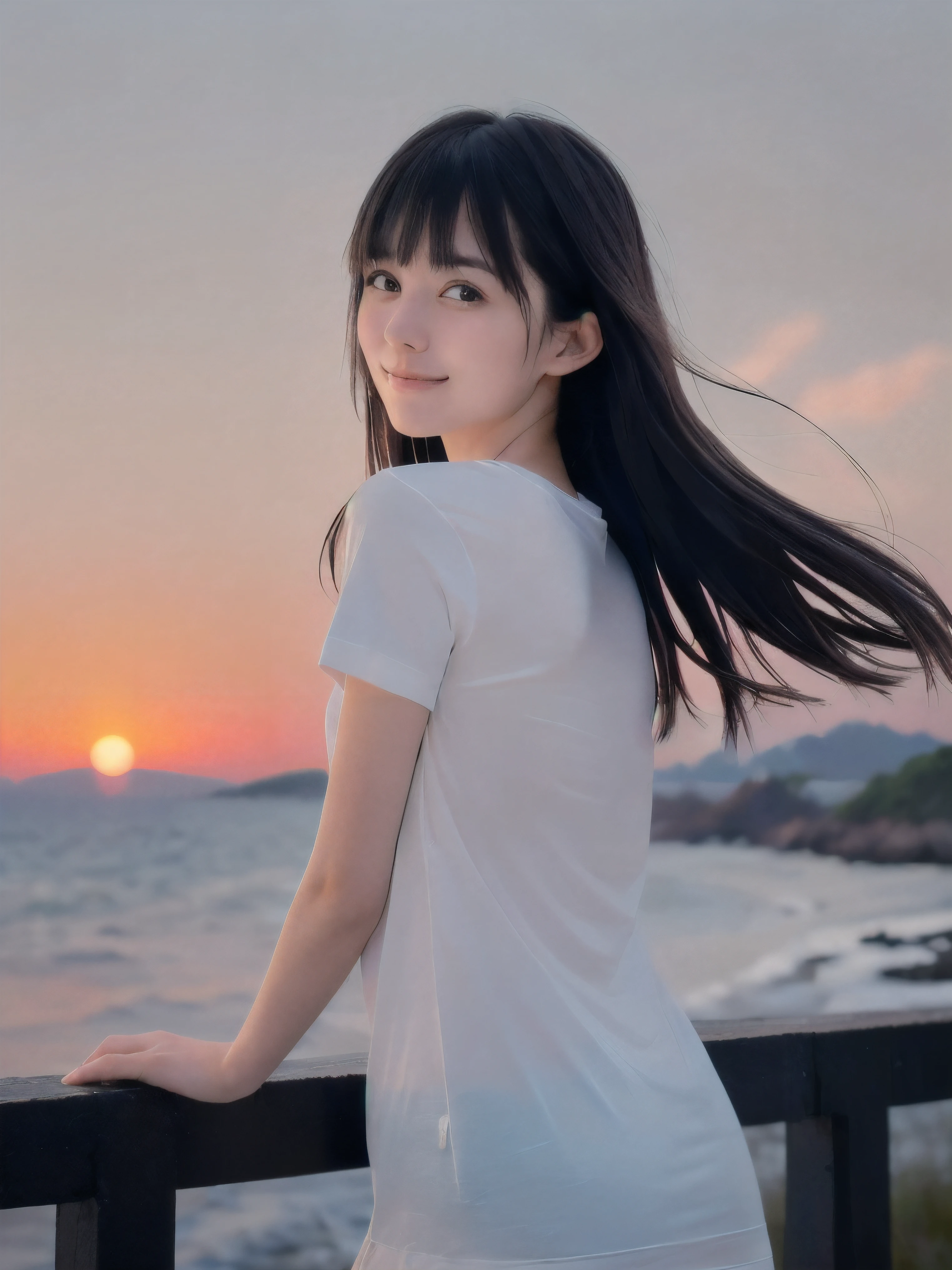 (Close up face shot of slender small-breasted two side up black medium hair with bangs girl wearing a white T-shirt only:1.5)、(One girl is looking back and  lonely smile with tears on the coast in Japan:1.5)、(Beautiful after sunset red sky with red big cloud:1.5)、(blurred background:1.5)、(Natural light:1.5)、(8k ultra detailed master piece:1.5)、(perfect ???????:1.5)、(Photorealistic stick:1.5)、(Raw photo:1.3)、(highest quality:1.5)、(High resolution:1.3)、(Delicate and beautiful perfect face:1.3)、(Delicate and beautiful eye air skin:1.3)、(Real Human Skin:1.3)、((thin legs))