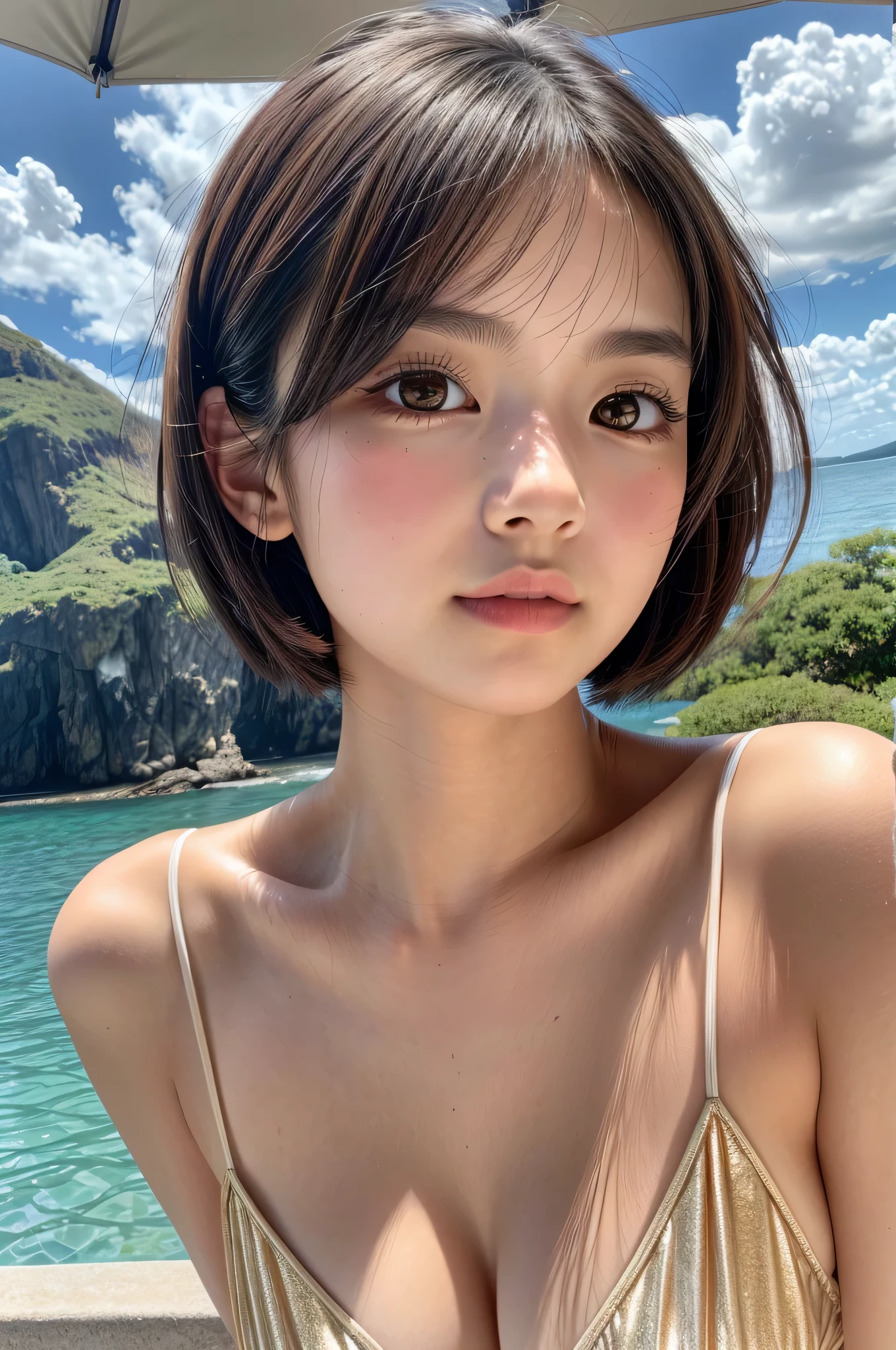 One Girl，(1人のとてもcute女の子:1.3)，masterpiece，Highest quality，High resolution，From below，Low - Angle，Photorealistic，RAW Photos，Ray Tracing，Physically Based Rendering，beautiful girl，(:1.3)，cute，Big eyes，(detailed pupils:1.2)，(The face is facing straight ahead:1.3)，Body facing forward，Beautiful nose，High nose，Upturned nose，Fuller lips，Short black hair，ponytail，short hair，Detailed eyelashes，Thin eyebrows，Very fine grain definition，(Symmetrical eyes，Golden Ratio:1.3)，(Face close-up，Face Focus:1.0)，Small breasts，Short neck，White swimsuit，White Bikini，Ocean，Southern Island，Blue sky，White cloud，Portrait，View Viewer，Upper Body，Cinema Lighting，High resolution，Very detailed