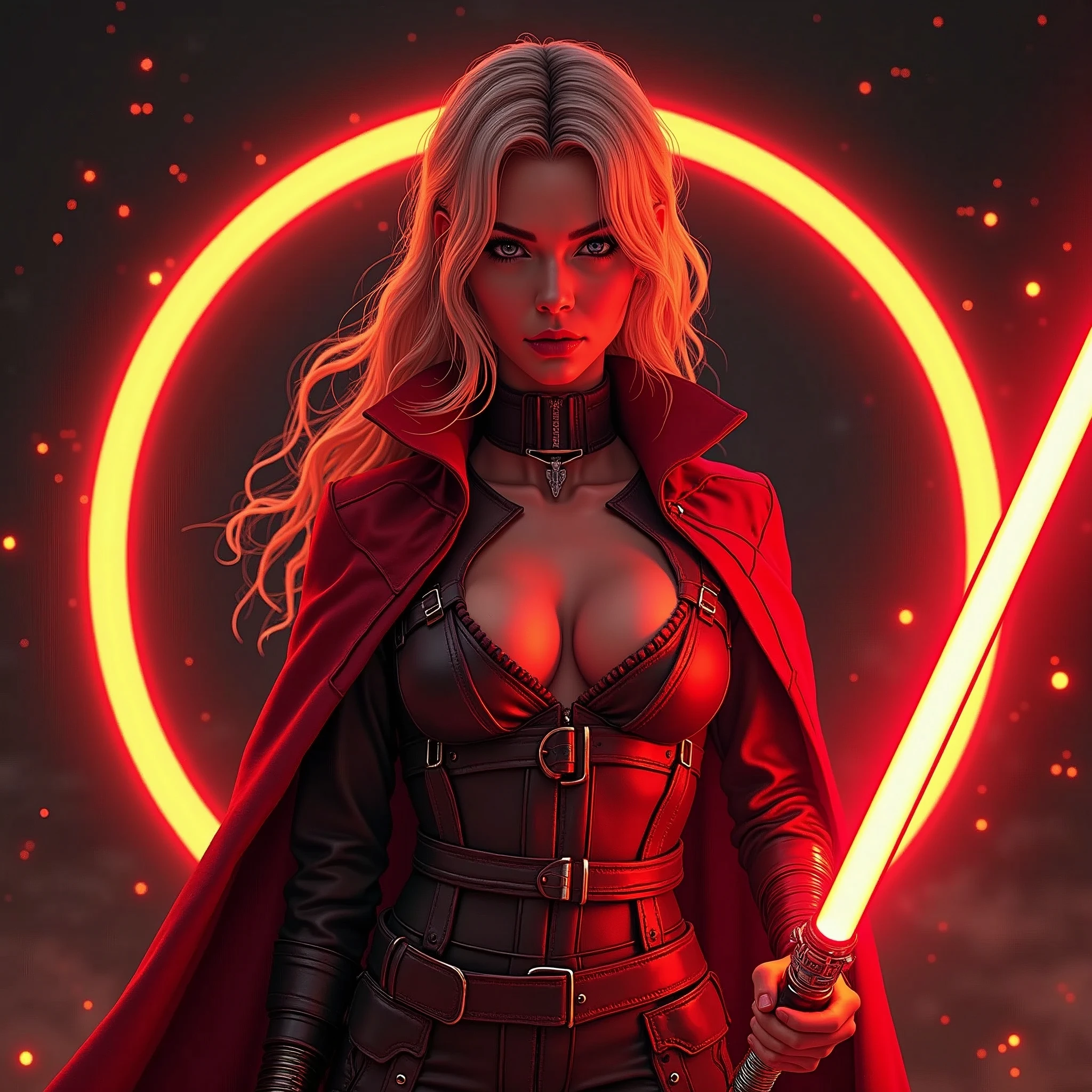bdsm, collar cyberpunk Samurai jacket, (female, red pink slim skin:1.4), Large linen cape, (nice face, very angry:1.9), (bdsm harness, tight big breasts:1.75), surrounded by a detailed spacescape with translucent dark-amber Highlights, (red neon, emissive), (yellow particules, hyper-detailed,:1.4) sharp, high resolution, high quality, 32K, Ultra realistic, HD, super detailed, line art, abstract style, (full body, shinny, wavy hair:1.5), (star wars inquisitor:1.65), (circle hard powerful red white orange fire neon light saber:1.8), (well formed five fingers hands on light saber:1.7)