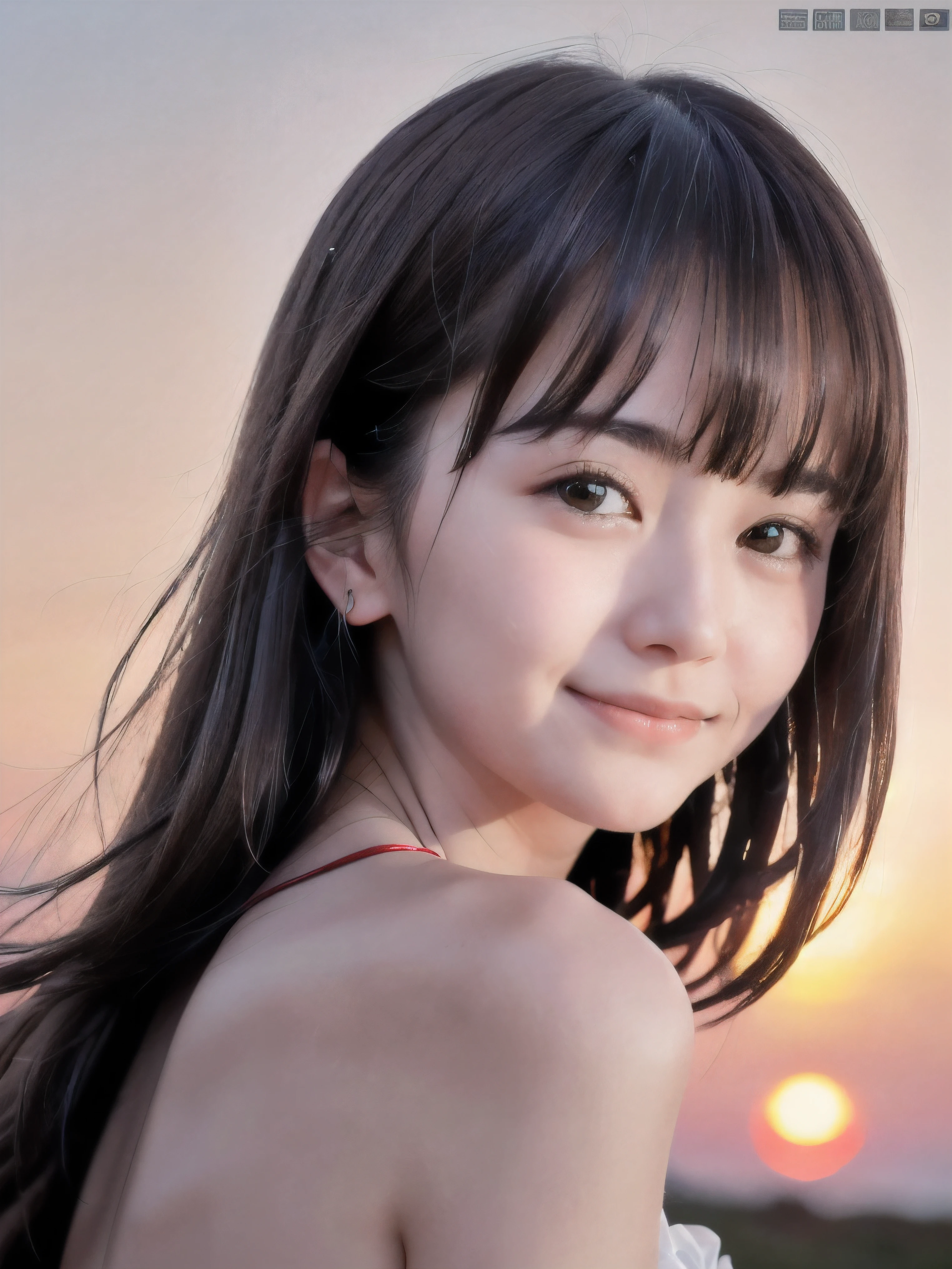 (Close up face shot of slender small-breasted half up brown long hair with bangs girl wearing a white summer dress:1.5)、(One girl is turn around and lonely smile with tears on the coast in Japan:1.5)、(Beautiful after sunset red sky with red big cloud:1.5)、(blurred background:1.5)、(Natural light:1.5)、(8k ultra detailed master piece:1.5)、(perfect anatomy:1.5)、(Photorealistic stick:1.5)、(Raw photo:1.3)、(highest quality:1.5)、(High resolution:1.3)、(Delicate and beautiful perfect face:1.3)、(Delicate and beautiful eye air skin:1.3)、(Real Human Skin:1.3)、((thin legs))