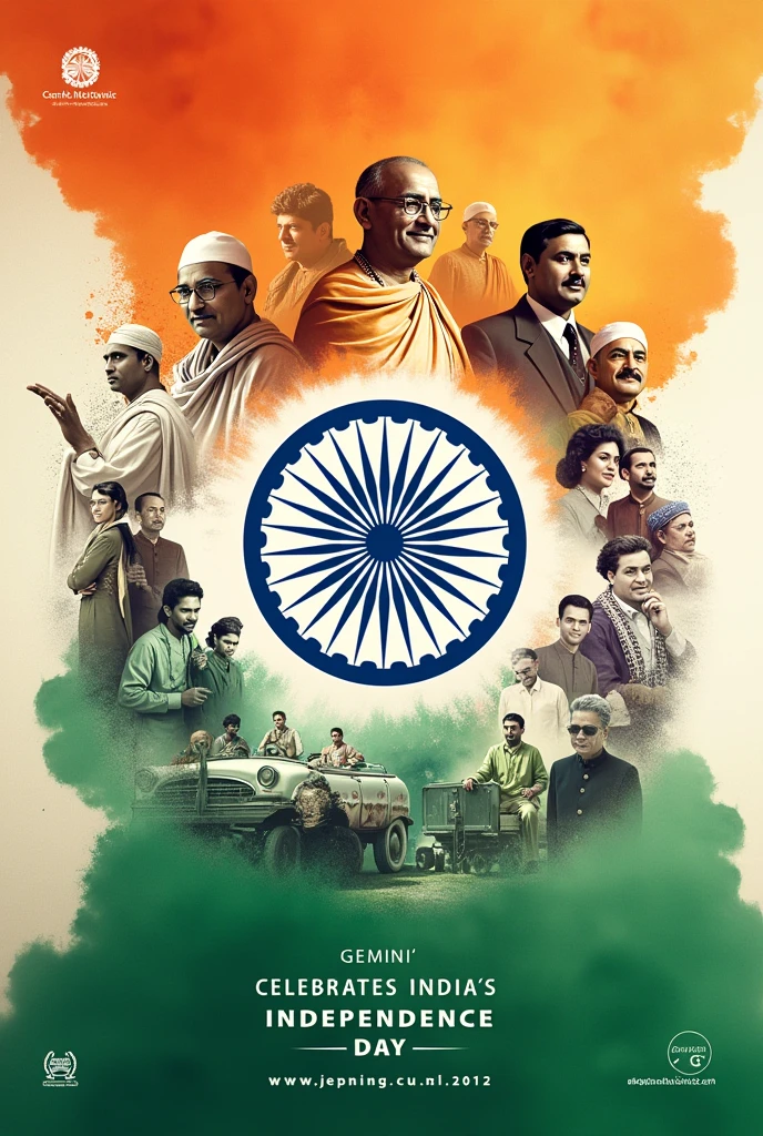 **Poster Design Prompt for Gemini:**

Create a poster celebrating Gemini's Independence Day with a focus on India's freedom struggle. The central theme should be "Honoring India's Journey to Freedom." Include a historical timeline showcasing significant events: the 1857 Revolt, Jyotirao Phule's social reforms, Gandhi's Salt Satyagraha, the Dandi March, Dr. B.R. Ambedkar's role in drafting the Constitution, Subhash Chandra Bose and the Indian National Army, and Bhagat Singh's valor.

Incorporate the Indian tricolor (saffron, white, and green) as a prominent design element, along with symbols like the Ashoka Chakra and the Indian flag. The text "Gemini Celebrates India's Independence Day" should be prominently featured, reflecting the historical and inspirational nature of the events. Ensure the poster is respectful, visually compelling, and honors the milestones and heroes of India's freedom struggle.