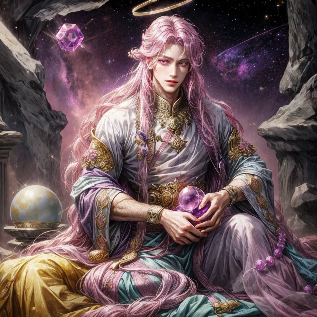 A man with light purple long hair and pink pupils, wear an ancient clothes and have a galaxy halo, have a crystal ball, have an white eye mask