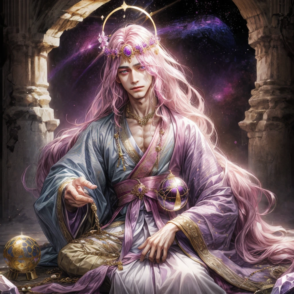 A man with light purple long hair and pink pupils, wear an ancient clothes and have a galaxy halo, have a crystal ball, have an white eye mask