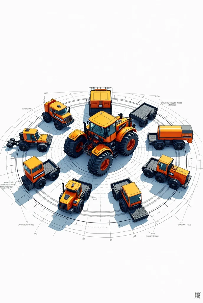 Blueprints big Orange color tractor inside circle with a several road specjalist exuipment trailers outsider circle area