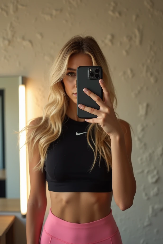 A young white blonde woman takes a mirror selfie with Apple i-phone 15 pro max in a gym setting. She wears a black cropped sports top with a small Nike logo and high-waisted pink leggings. Her long hair is styled down, and she poses with her Apple i-phone 15 pro max phone in front of her face. The background features a lightly textured wall and a vanity mirror with soft lighting.