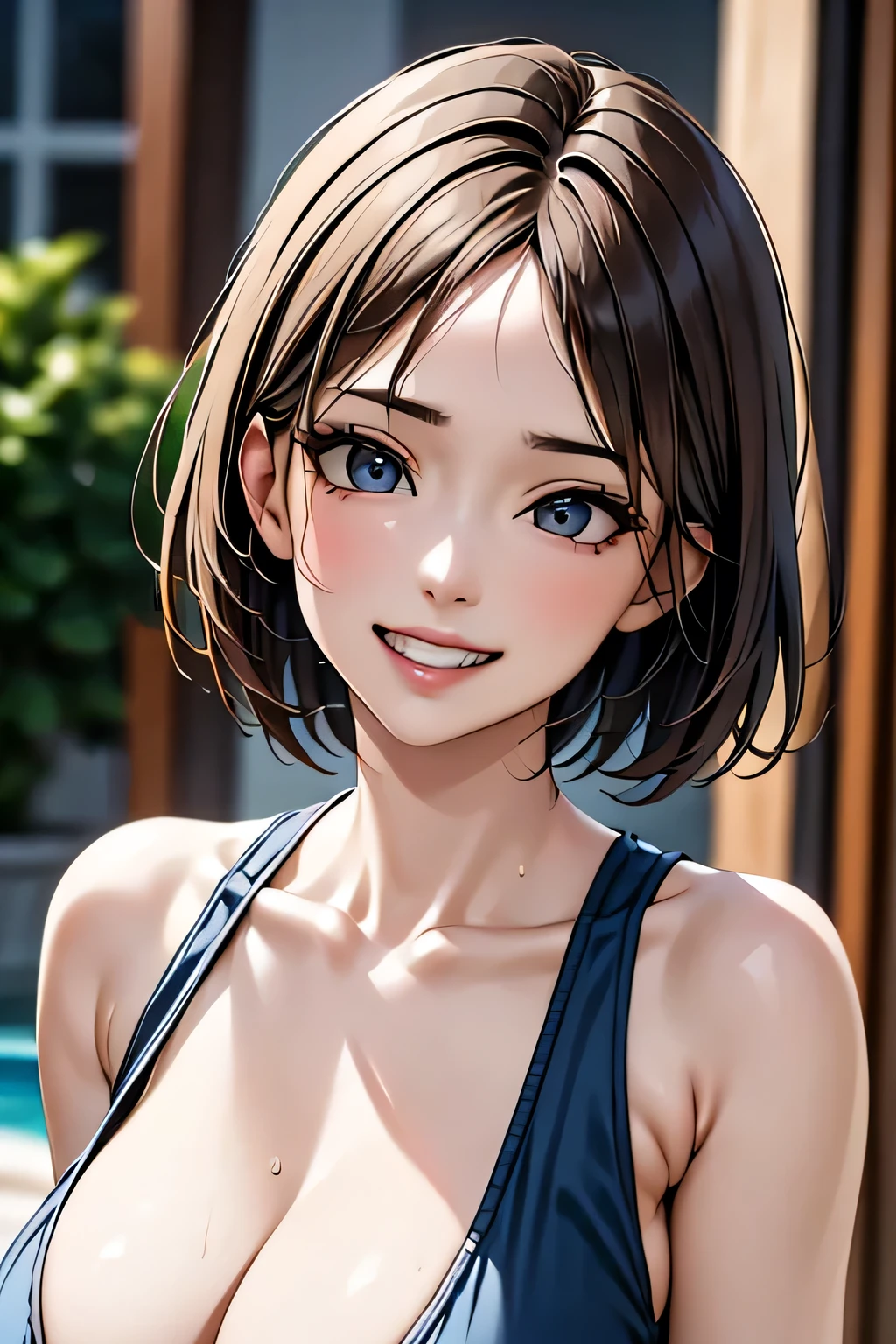 ((masterpiece)), ((Highest quality)), ((Complex)), ((Surreal)), (Realistic), (Mature Woman), ((There are no classes)), Very detailed, (1 female), Beautiful and exquisite, (Beautiful Teeth), Grin, Brunette bob hair, Brown eyes, ((blouse)), (Upper Body), (background:none), Perfect Eyes, Captivating eyes, Looking at the audience