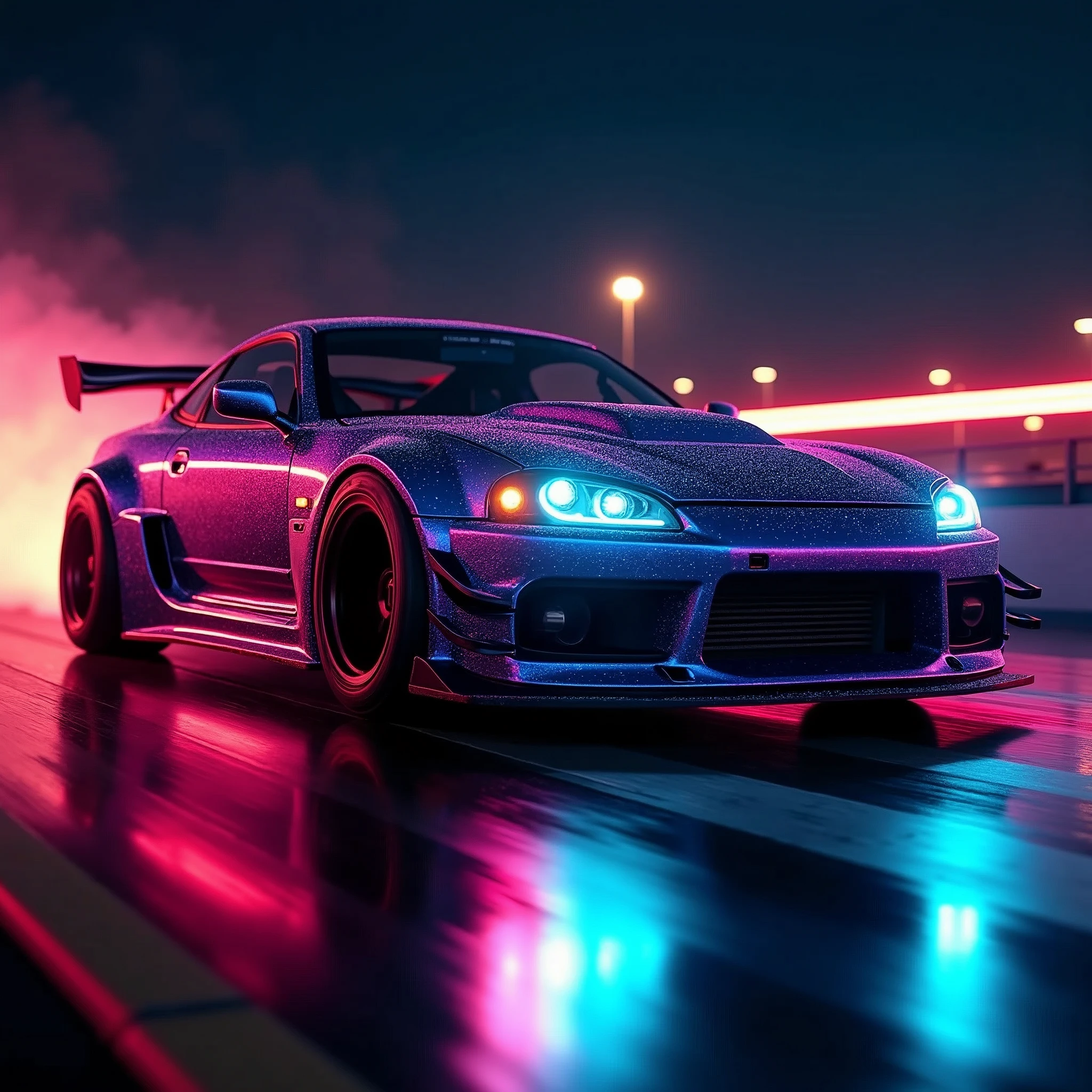 (masterpiece, best quality, ultra-detailed, 8K), race car, street racing-inspired,Drifting inspired, LED, ((Twin headlights)), (((Bright neon color racing stripes))), (Black racing wheels), Wheelspin showing motion, Show car in motion, Burnout, wide body kit, modified car, racing livery, masterpiece, best quality, realistic, ultra highres, (((depth of field))), (full dual colour neon lights:1.2), (hard dual color lighting:1.4), (detailed background), (masterpiece:1.2), (ultra detailed), (best quality), intricate, comprehensive cinematic, magical photography, (gradients), glossy, Night with galaxy sky, Fast action style, fire out of tail pipes, Sideways drifting in to a turn, Neon galaxy metalic paint with race stripes, GTR Nismo, NSX, Porsche, Lamborghini, Ferrari, Bugatti, Ariel Atom, BMW, Audi, Mazda, Toyota supra, Lamborghini Aventador, aesthetic,intricate, realistic,cinematic lighting, Neon Paint, streaks of fire,c_car