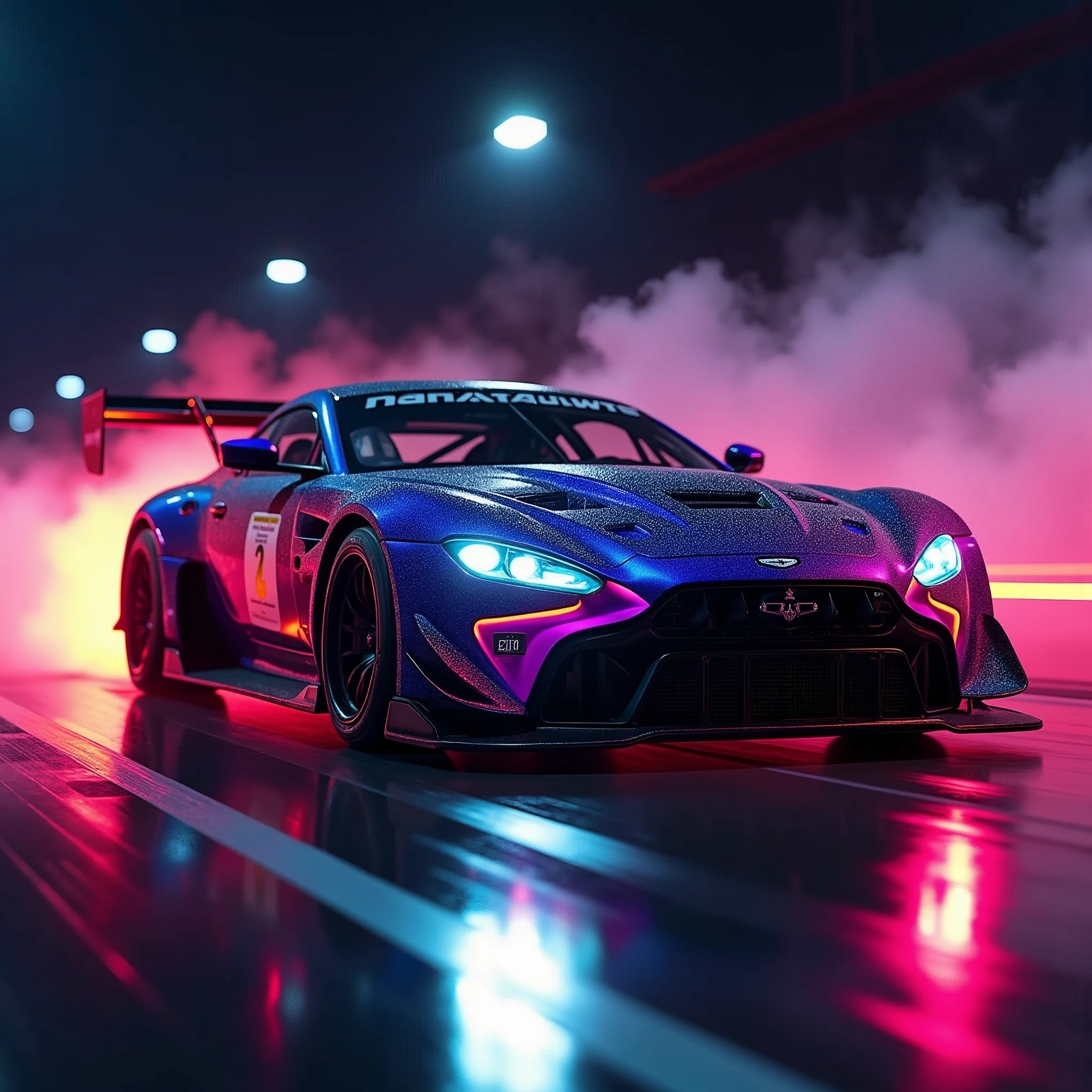 (masterpiece, best quality, ultra-detailed, 8K), race car, street racing-inspired,Drifting inspired, LED, ((Twin headlights)), (((Bright neon color racing stripes))), (Black racing wheels), Wheelspin showing motion, Show car in motion, Burnout, wide body kit, modified car, racing livery, masterpiece, best quality, realistic, ultra highres, (((depth of field))), (full dual colour neon lights:1.2), (hard dual color lighting:1.4), (detailed background), (masterpiece:1.2), (ultra detailed), (best quality), intricate, comprehensive cinematic, magical photography, (gradients), glossy, Night with galaxy sky, Fast action style, fire out of tail pipes, Sideways drifting in to a turn, Neon galaxy metalic paint with race stripes, GTR Nismo, NSX, Porsche, Lamborghini, Ferrari, Bugatti, Ariel Atom, BMW, Audi, Mazda, Toyota supra, Lamborghini Aventador, aesthetic,intricate, realistic,cinematic lighting, Neon Paint, streaks of fire,c_car