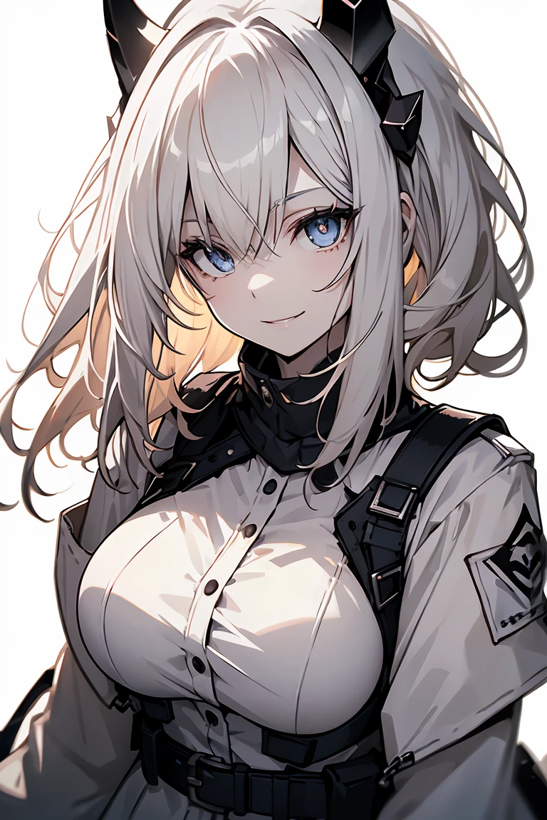 One Girl, whole body, White one-piece military uniform, (Tabletop:1.2, Highest quality), (Beautiful, detailed eyes: 1.2), (Beautifully detailed face), High Contrast, (Best lighting from the front, Very delicate and beautiful), ((Cinematic Light)), Dramatic Light, very orange eyes, Large Breasts, Belt under the chest, White military uniform, White Skirt,Blonde, Black tie, (Pale white background:1.5), Wolf Cut Hair, Look at me and smile,horn、Front lighting、Illuminate the face、light source