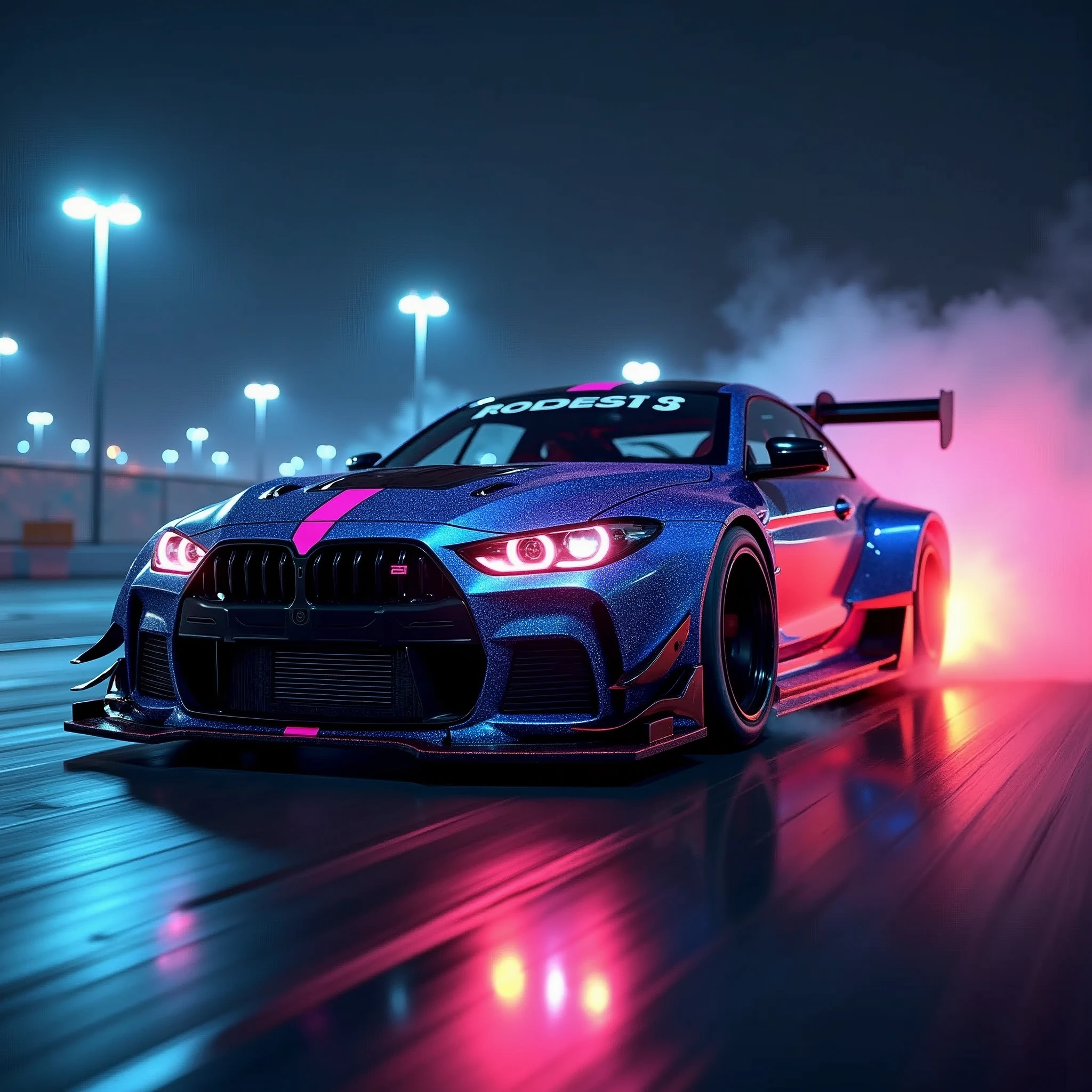 (masterpiece, best quality, ultra-detailed, 8K), race car, street racing-inspired,Drifting inspired, LED, ((Twin headlights)), (((Bright neon color racing stripes))), (Black racing wheels), Wheelspin showing motion, Show car in motion, Burnout, wide body kit, modified car, racing livery, masterpiece, best quality, realistic, ultra highres, (((depth of field))), (full dual colour neon lights:1.2), (hard dual color lighting:1.4), (detailed background), (masterpiece:1.2), (ultra detailed), (best quality), intricate, comprehensive cinematic, magical photography, (gradients), glossy, Night with galaxy sky, Fast action style, fire out of tail pipes, Sideways drifting in to a turn, Neon galaxy metalic paint with race stripes, GTR Nismo, NSX, Porsche, Lamborghini, Ferrari, Bugatti, Ariel Atom, BMW, Audi, Mazda, Toyota supra, Lamborghini Aventador, aesthetic,intricate, realistic,cinematic lighting, Neon Paint, streaks of fire,c_car