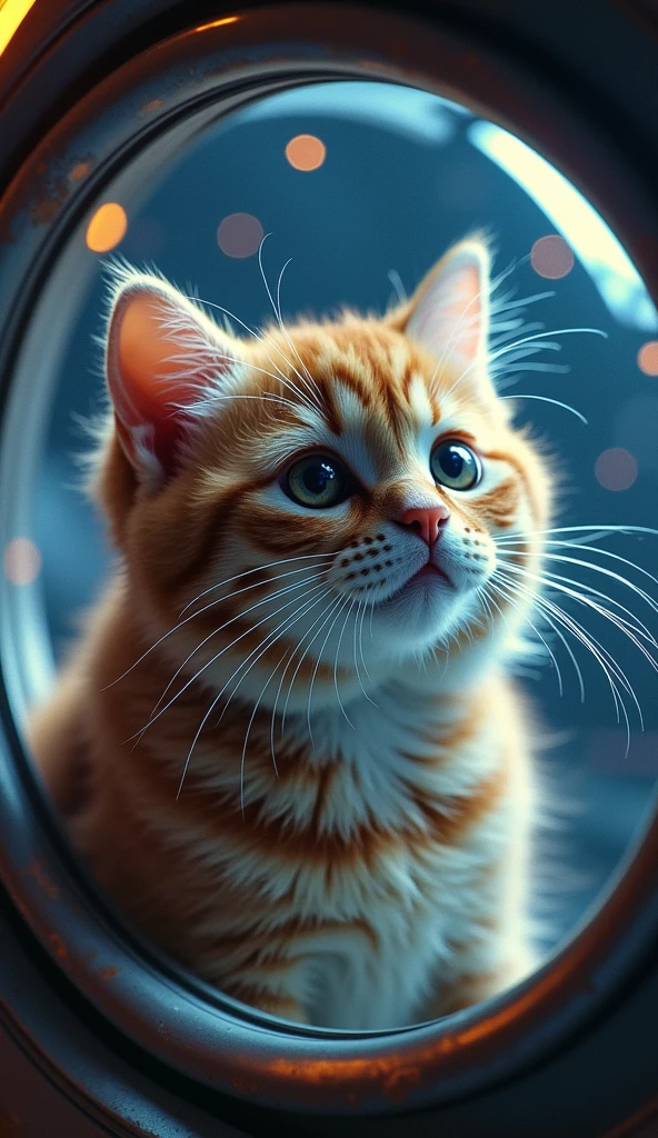 Photographic Ultra-Realism Inside the spaceship Space cat through glass multiple Is saluting The background is space