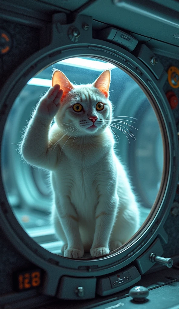 Photographic Ultra-Realism Inside the spaceship Space cat through glass multiple Is saluting The background is space