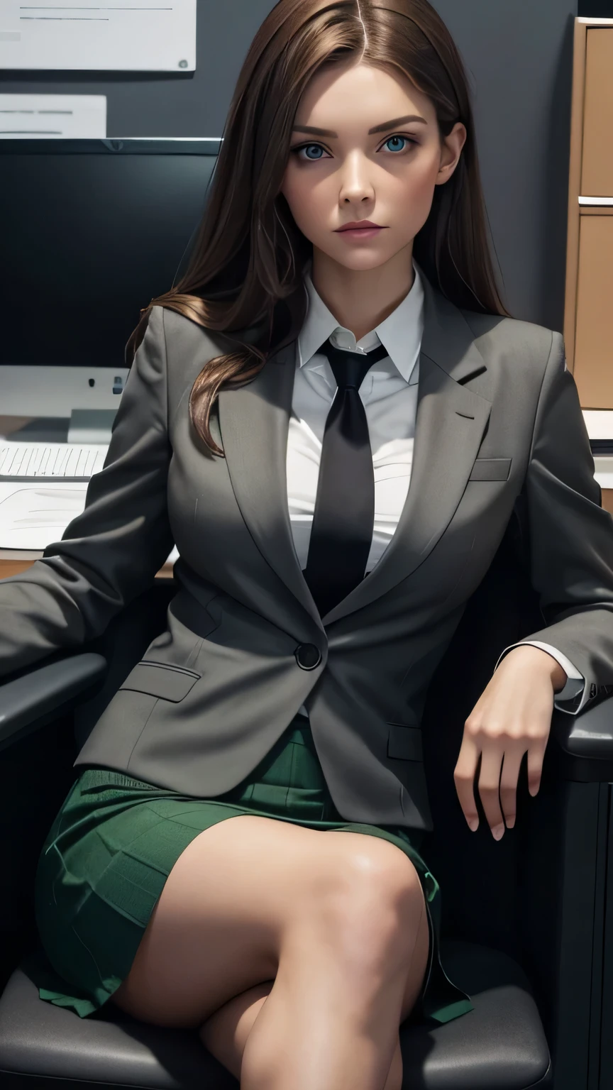 Young woman, European features, Brown hair, medium length hair, green eyes, darker makeup, stern expression, gray business suit with skirt, he is sitting in a chair, in the office 