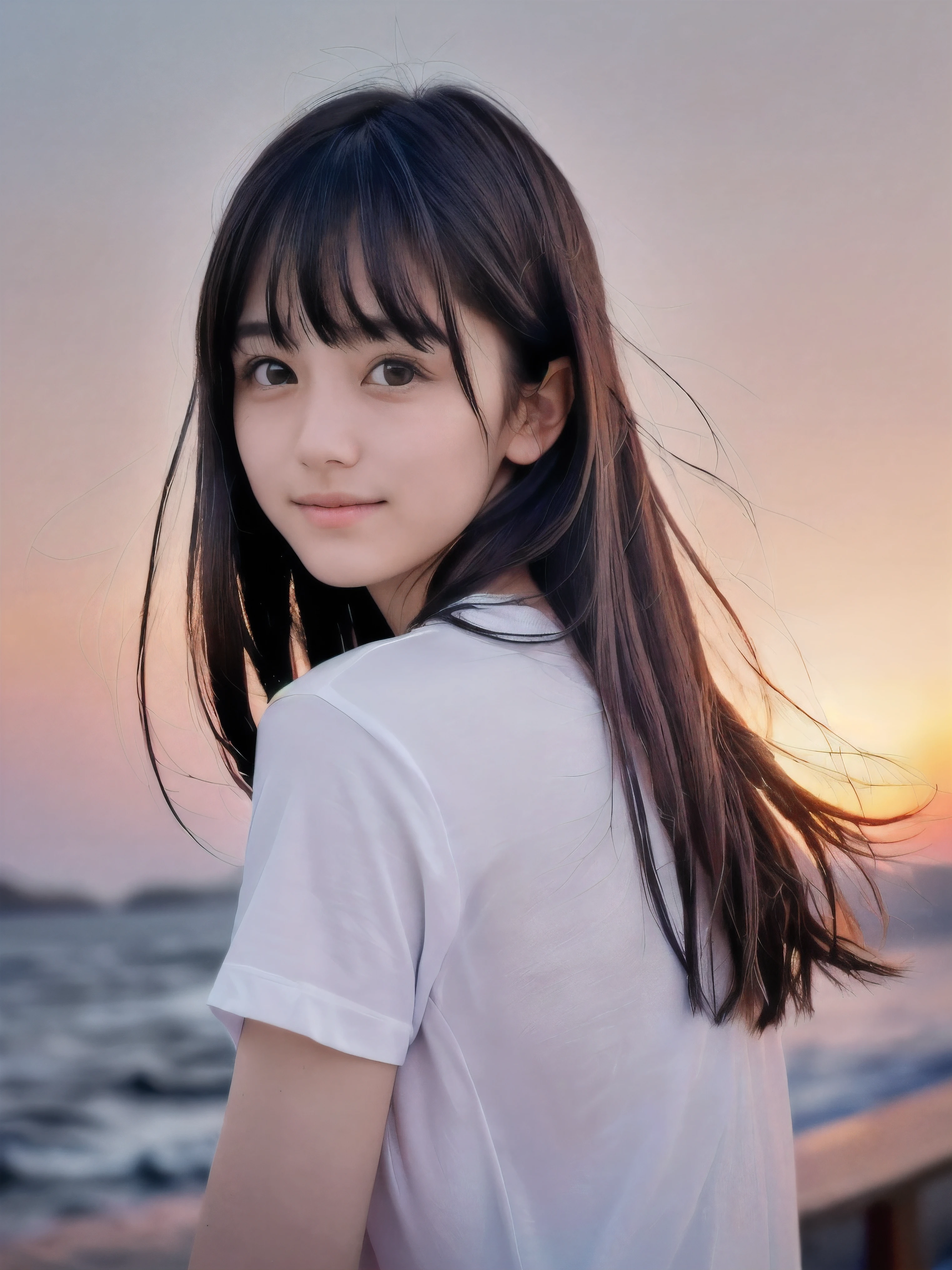 (Close up face shot of slender small-breasted dark silver long hair with swept bangs girl wearing a white T-shirt only:1.5)、(One girl is looking back and lonely smile with tears on the coast in Japan:1.5)、(Beautiful after sunset red sky with big red cloud:1.5)、(blurred background:1.5)、(Natural light:1.5)、(8k ultra detailed master piece:1.5)、(perfect anatomy:1.5)、(Photorealistic stick:1.5)、(Raw photo:1.3)、(highest quality:1.5)、(High resolution:1.3)、(Delicate and beautiful perfect face:1.3)、(Delicate and beautiful eye air skin:1.3)、(Real Human Skin:1.3)、((thin legs))