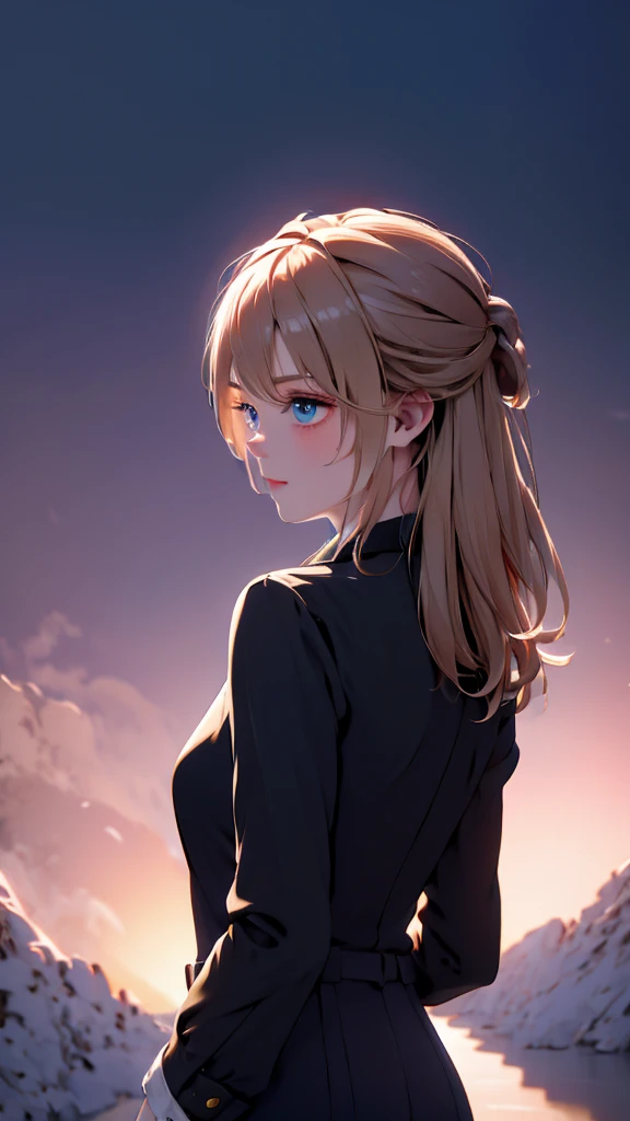 1 girl, medium light gold hair, light blue eyes, wearing black suit 4D, night city, absurdres, high res, ultrasharp, 8K, masterpiece, looking from behind