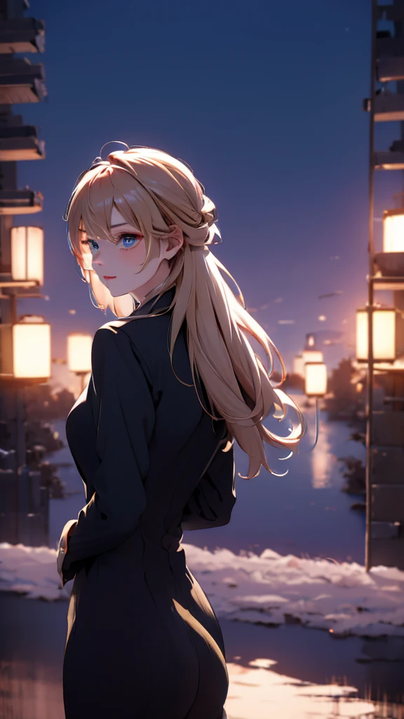 1 girl, medium light gold hair, light blue eyes, wearing black suit 4D, night city, absurdres, high res, ultrasharp, 8K, masterpiece, looking from behind