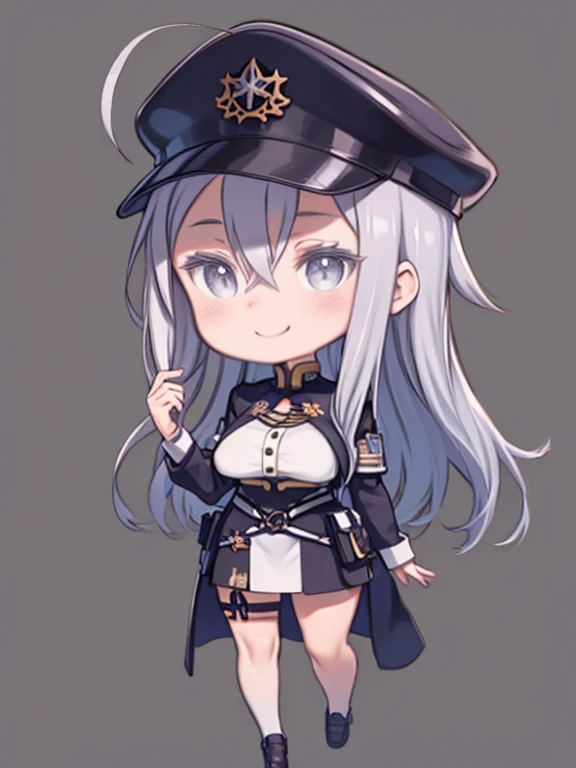 One Girl、Chibi Character、Simple Background、Grey Hair、long hair、Hair between the eyes、Ahoge、Grey Eyes、uniform、military cap、Smiling、Big Breasts、Whole body image、