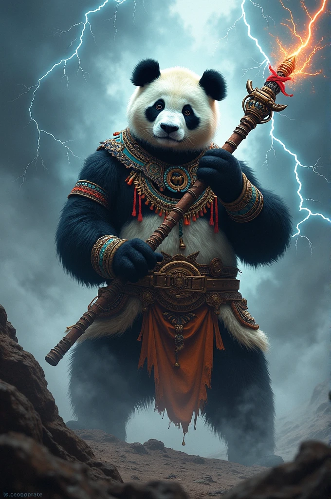 Panda with Chaac-Maya clothing and thunder staff